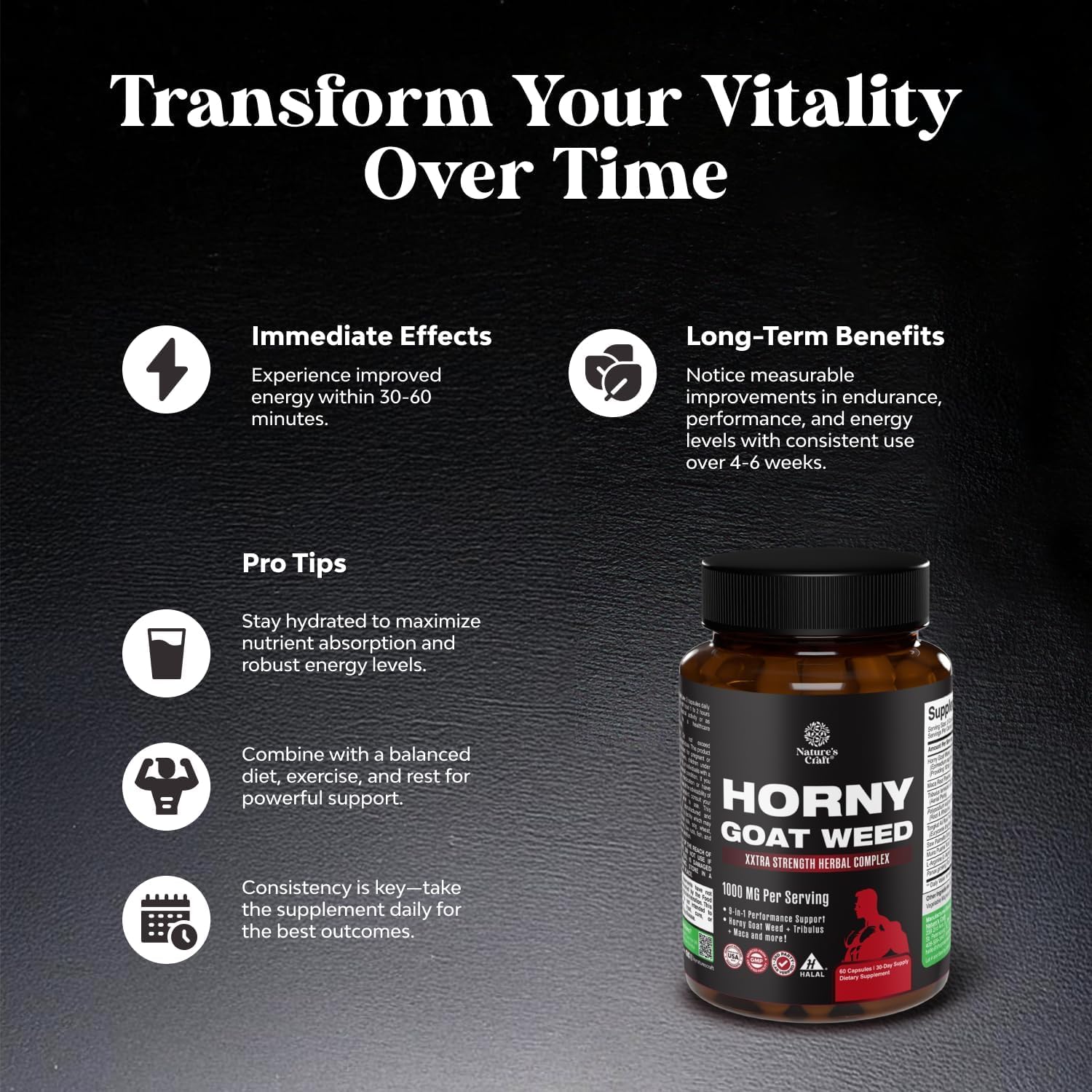Horny Goat Weed for Men - Extra Strength Male Supplement with Black Maca Root, Tongkat Ali, Saw Palmetto & Panax Ginseng Extract for Stamina & Energy - 60 Count - Image 5
