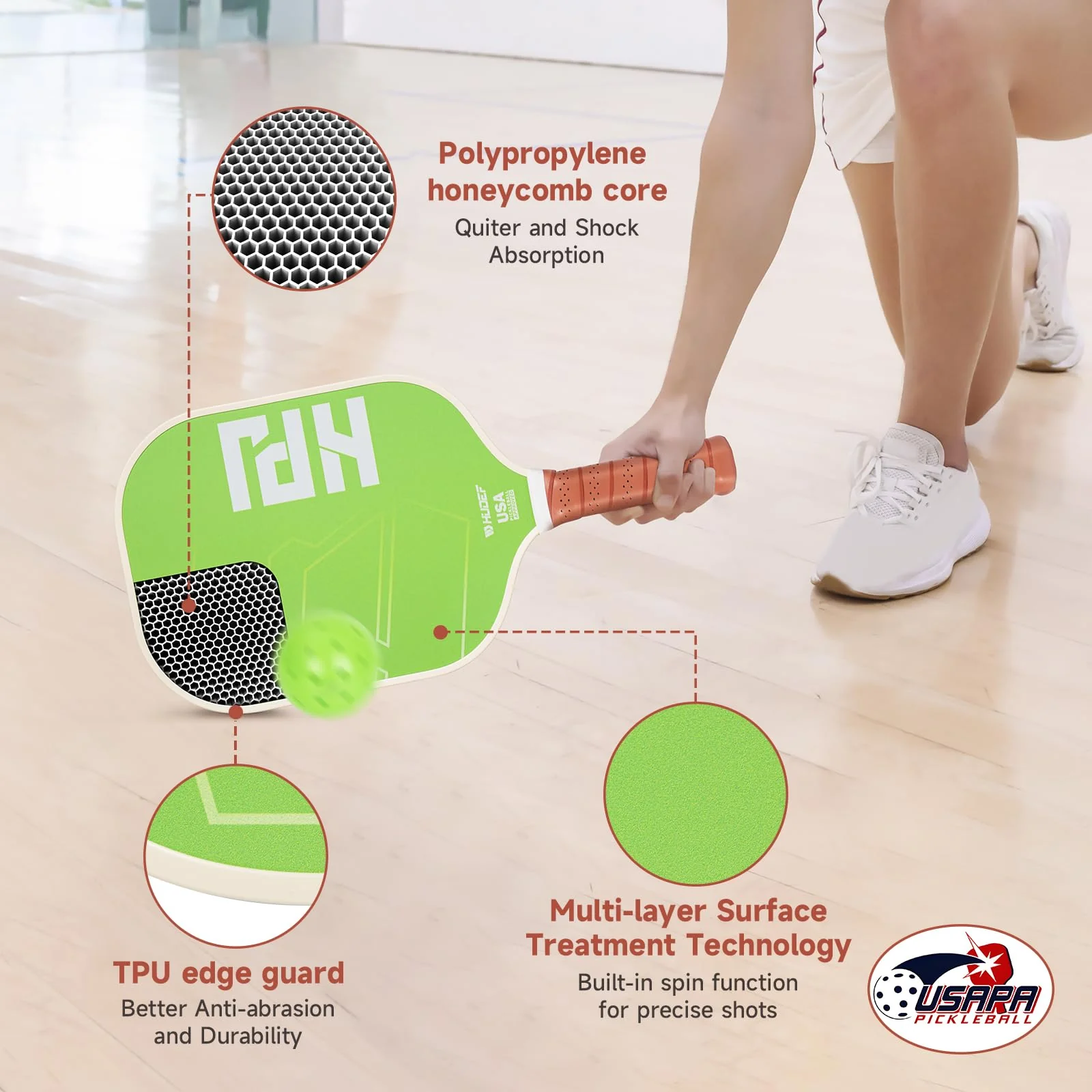 HUDEF Pickleball Paddles, USAPA Approved Pickle Ball Paddles Set of 2, Graphite and Fiberglass Pickleball Paddles, Polypropylene Honeycomb Core Paddle Rackets, 4 Outdoor Balls and Carry Bag Green - Image 8