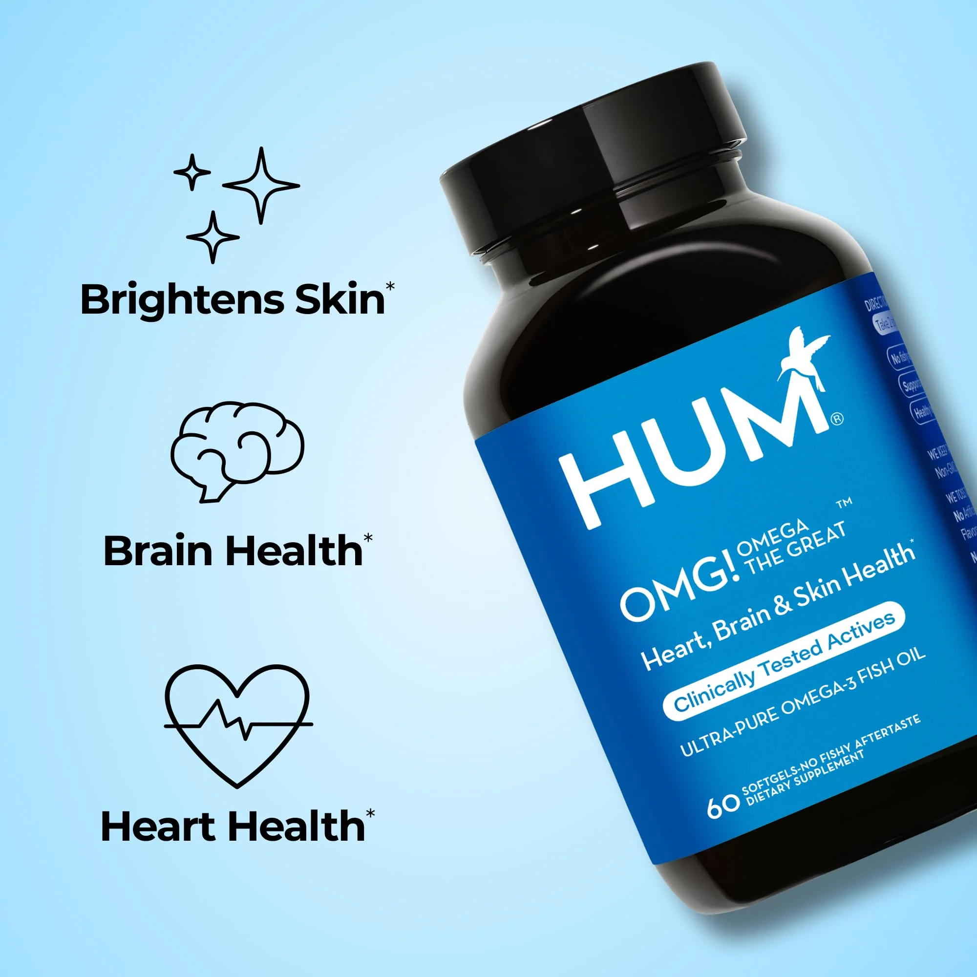 HUM OMG! Omega The Great Triple Omega 3 Fish Oil Supplement for Women & Men with Vitamin E, DHA & EPA, Skin Care & Skin Tone Support for Heart & Brain Health, Gluten Free, Non GMO, 60 Softgels - Image 6