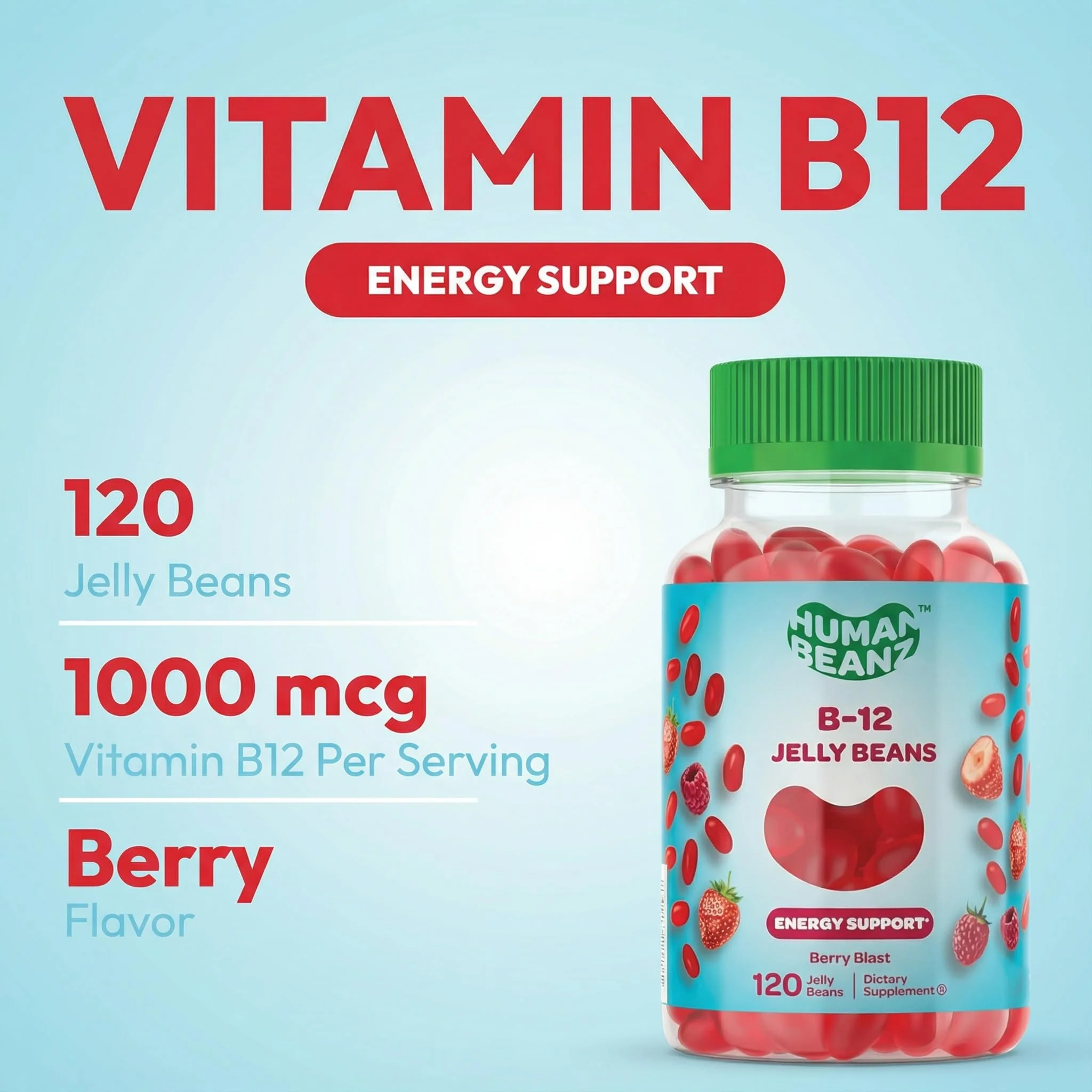Human Beanz Methylated Vitamin B12, Jelly Bean Gummies for Adults, Brain Health and Energy Booster, Healthy Hair, Skin, and Nails, Nutritional Vegetarian Supplements, 120 Jelly Beans - Image 2