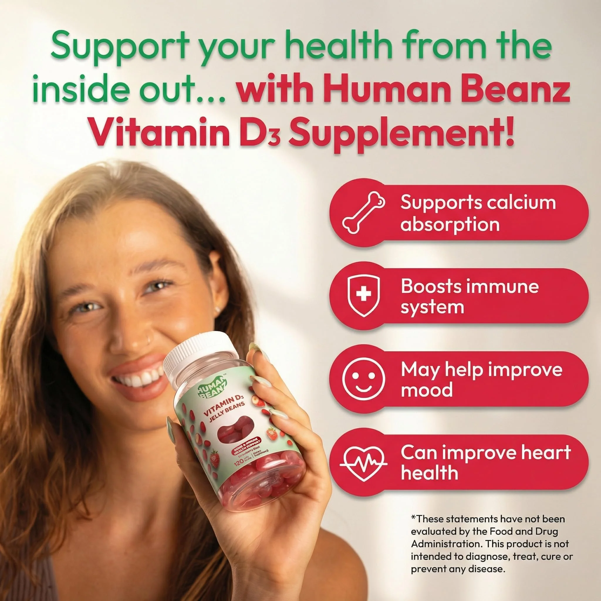 Human Beanz Vitamin D3 Jelly Bean Gummies for Adults, Immunity Support, 2000 IU Vitamin D, Nutritional Vegetarian Supplements, 120 Strawberry Blast Jelly Beans, Kosher - Image 4