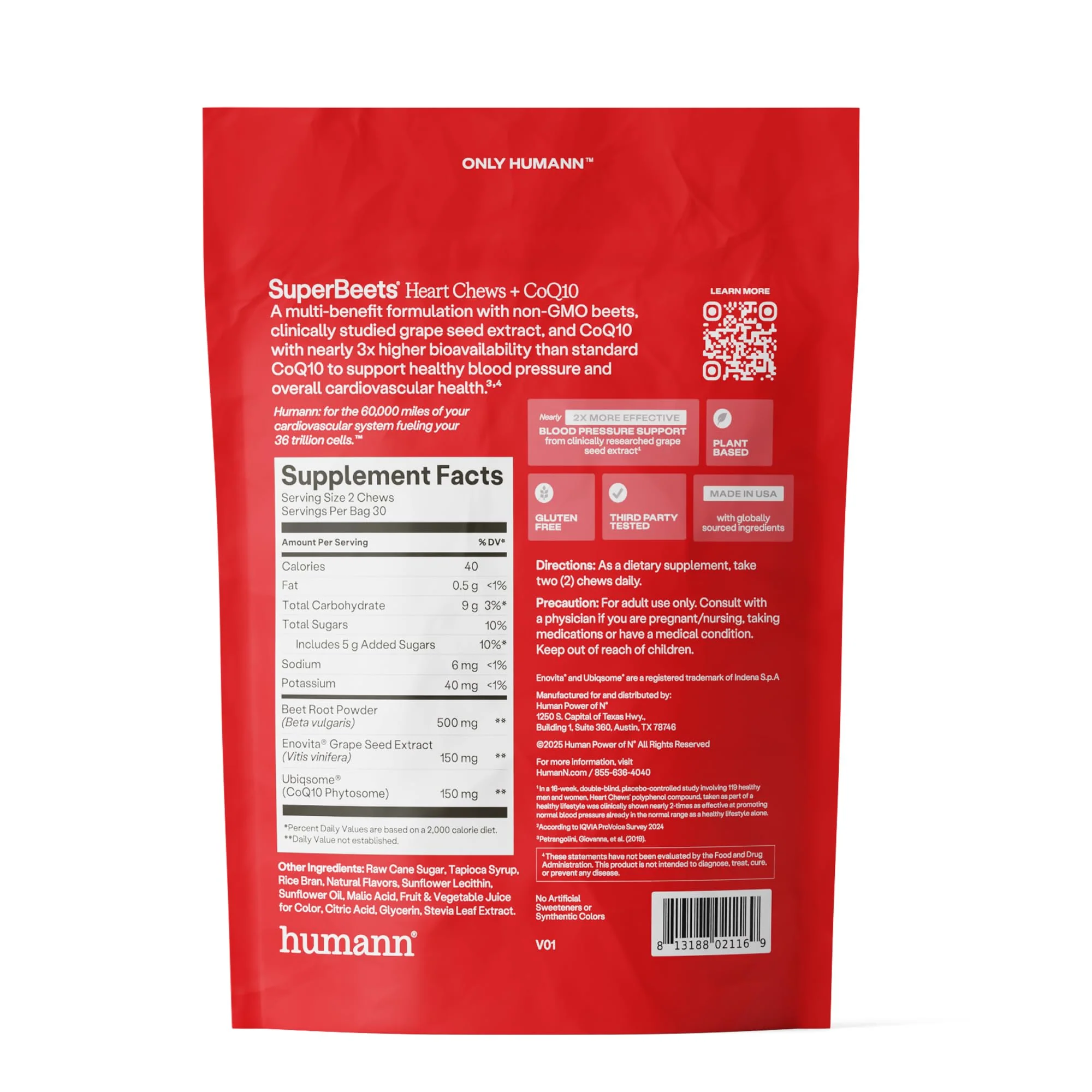 Humann SuperBeets Heart Chews + CoQ10-100mg of CoQ10 Plus Beetroot & Grape Seed Extract, Blood Pressure, Cellular Energy & Heart Health Support, 60 Count - Image 2