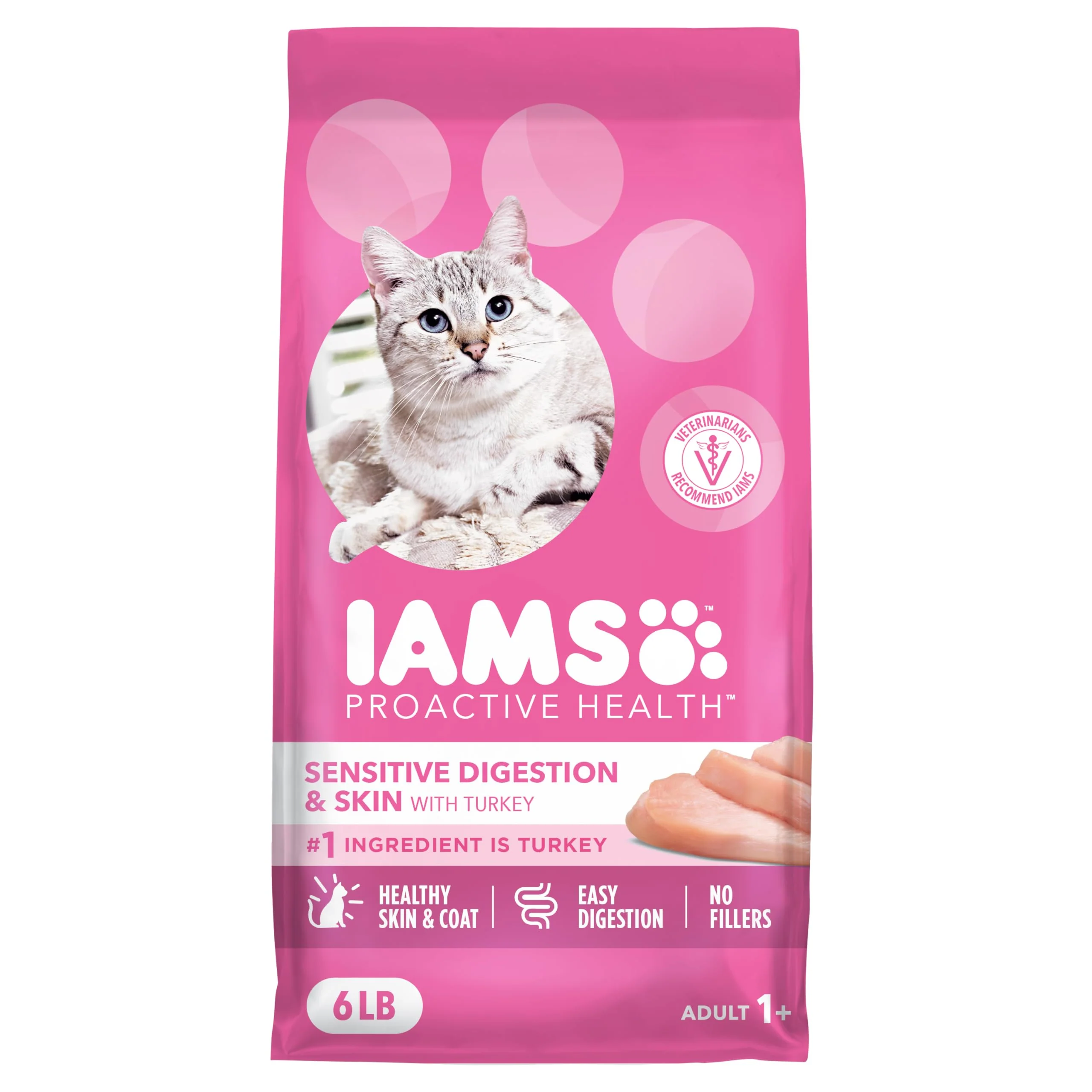IAMS Proactive Health Sensitive Digestion & Skin Dry Cat Food, Adult Cat Food Dry Recipe with Real Turkey, 6 lb. Bag