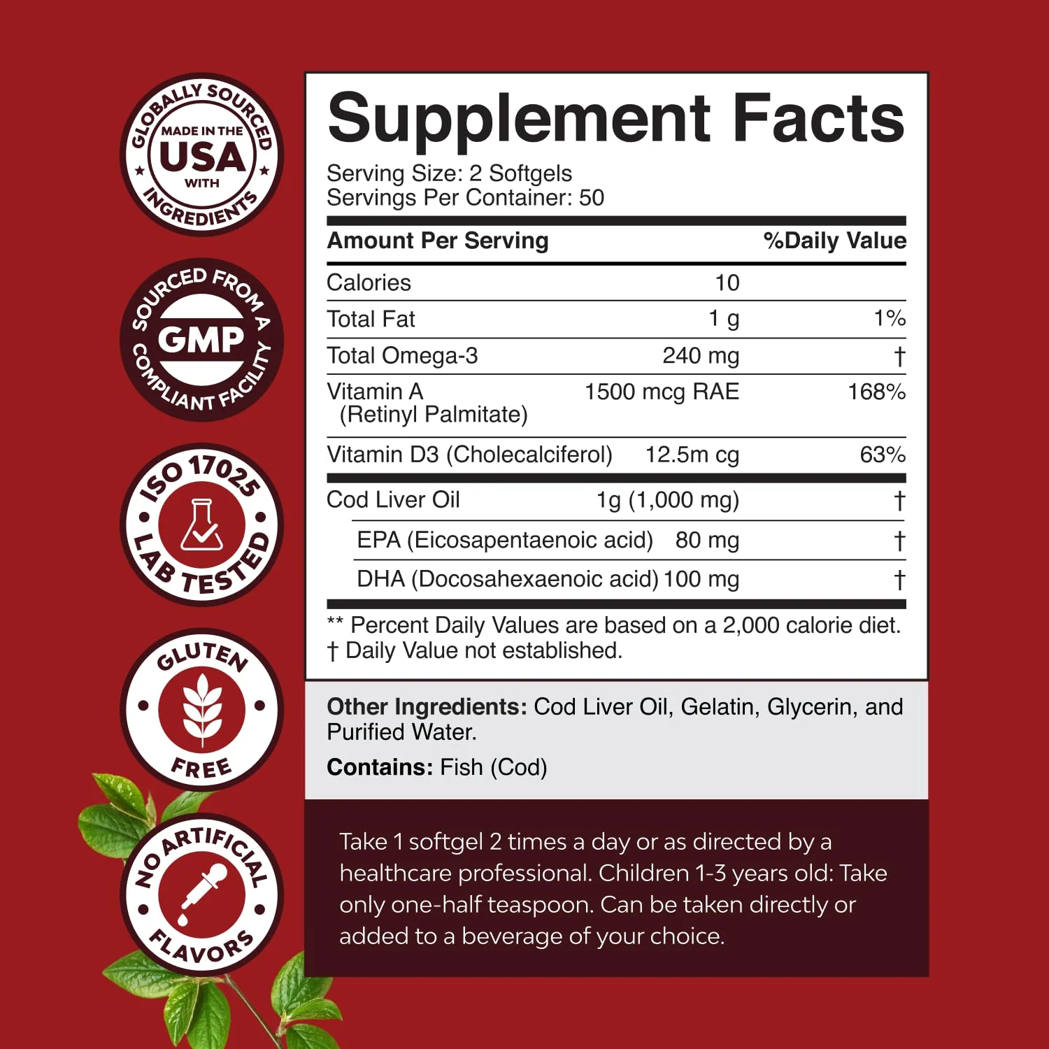 Icelandic Wild Caught Cod Liver Oil Softgels - Fish Omega 3, EPA, DHA, Vitamin D & A, 1000mg Per Serving - Burpless Capsules for Heart, Joint, Brain & Immune Support - 100 Count - Image 8