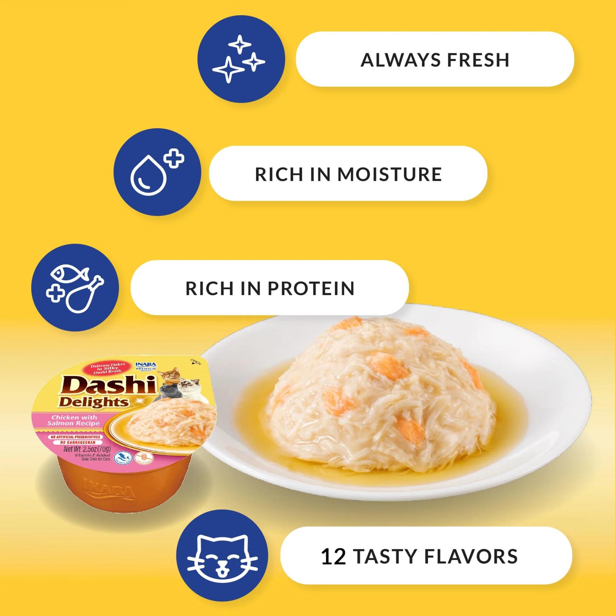 INABA Dashi Delights for Cats, Shredded Chicken Side Dish with Bonito Flake Broth, Cat Food Complement with Taurine & Green Tea Extract, 2.5 Ounce Cup, 6 Cups Total, Chicken with Tuna & Salmon Recipe - Image 5