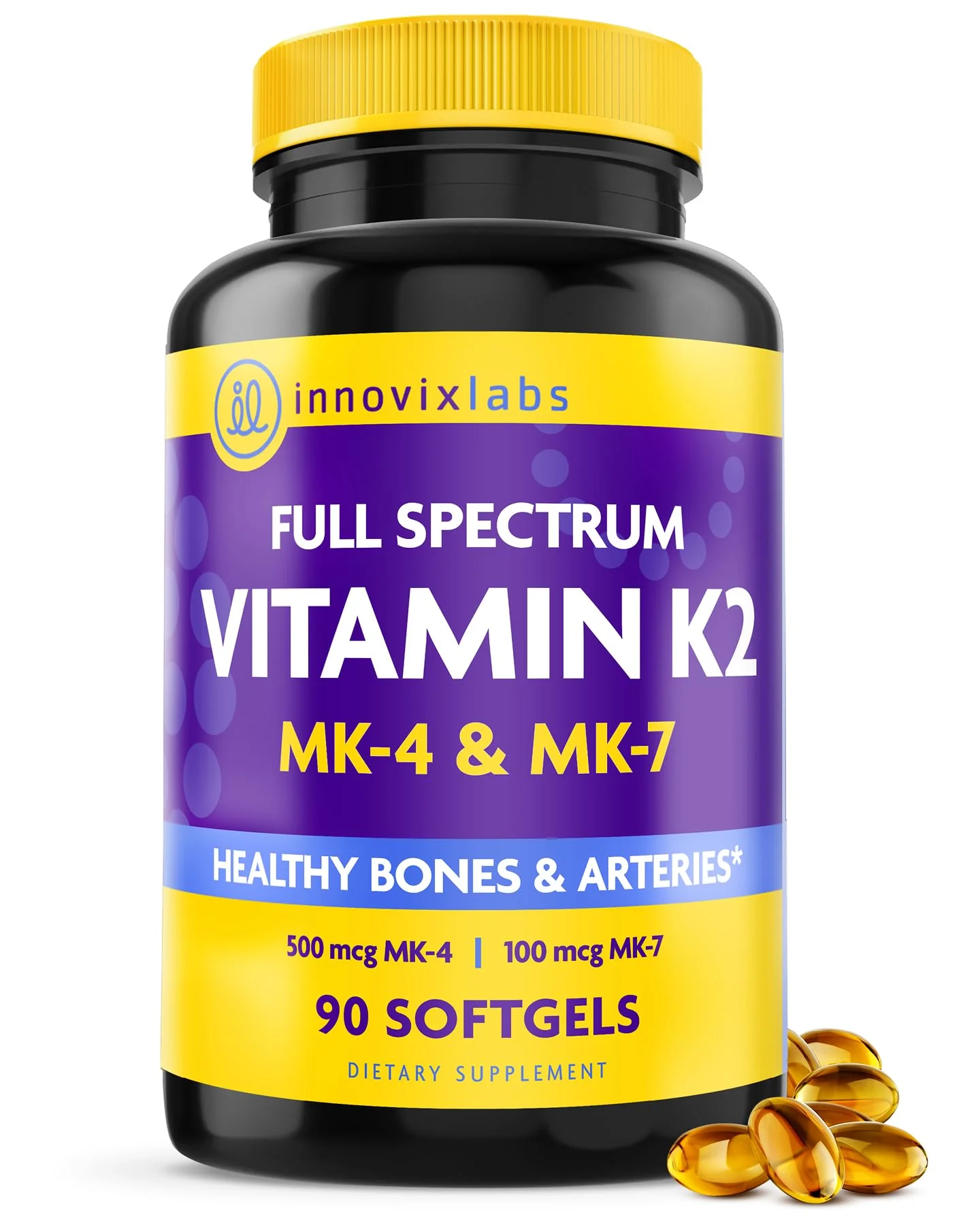 InnovixLabs Full Spectrum Vitamin K2-90 Softgels with 600 mcg of Trans Form MK7 and MK4 - Supports General Health and Bone Strength - Soy and Gluten Free K2 Vitamin Supplement