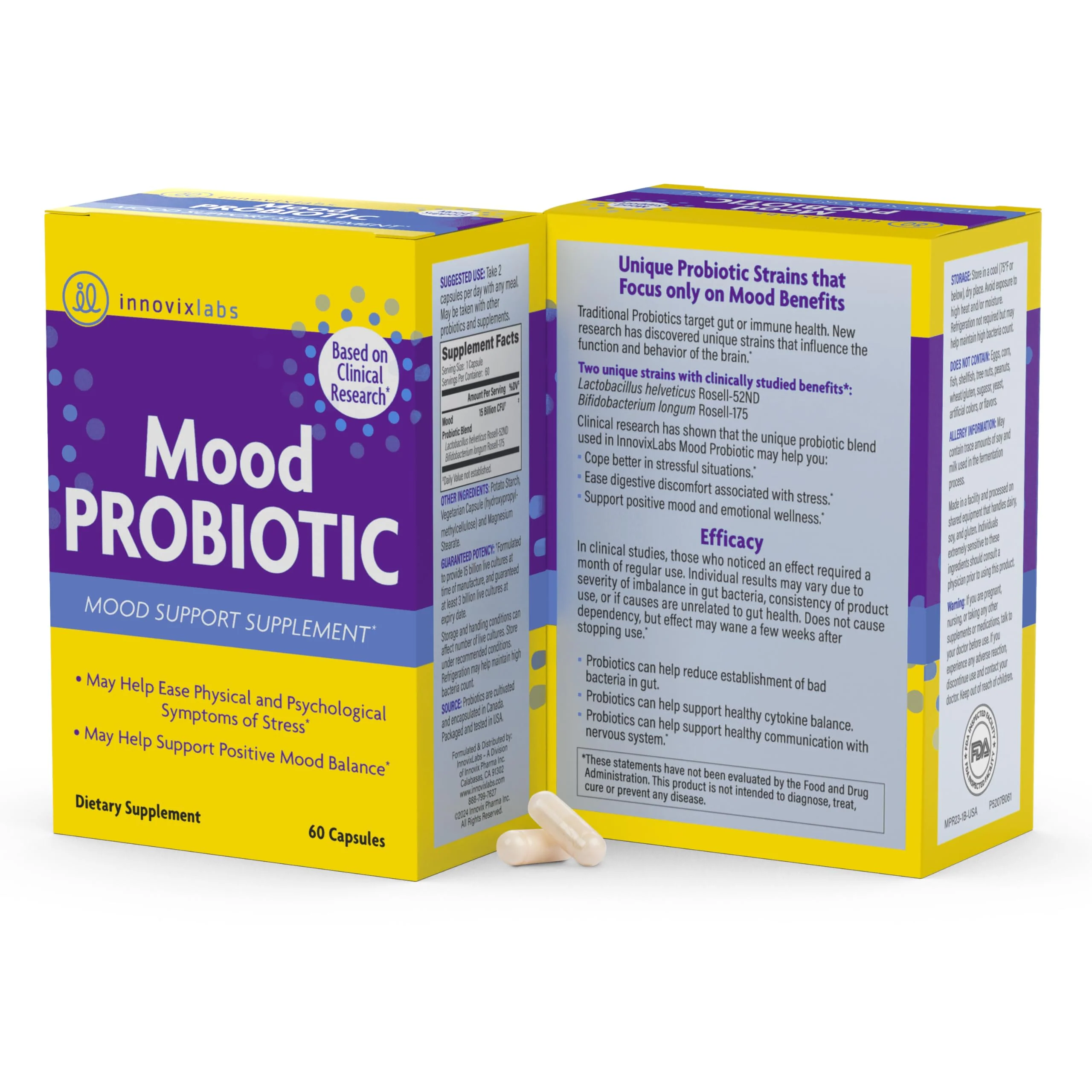 InnovixLabs Mood Probiotic for Women & Men, Clinically Studied Digestive & Mood Support Supplement, Lactobacillus helveticus Rosell-52ND & Bifidobacterium longum Rosell-175, 60 Capsules - Image 3