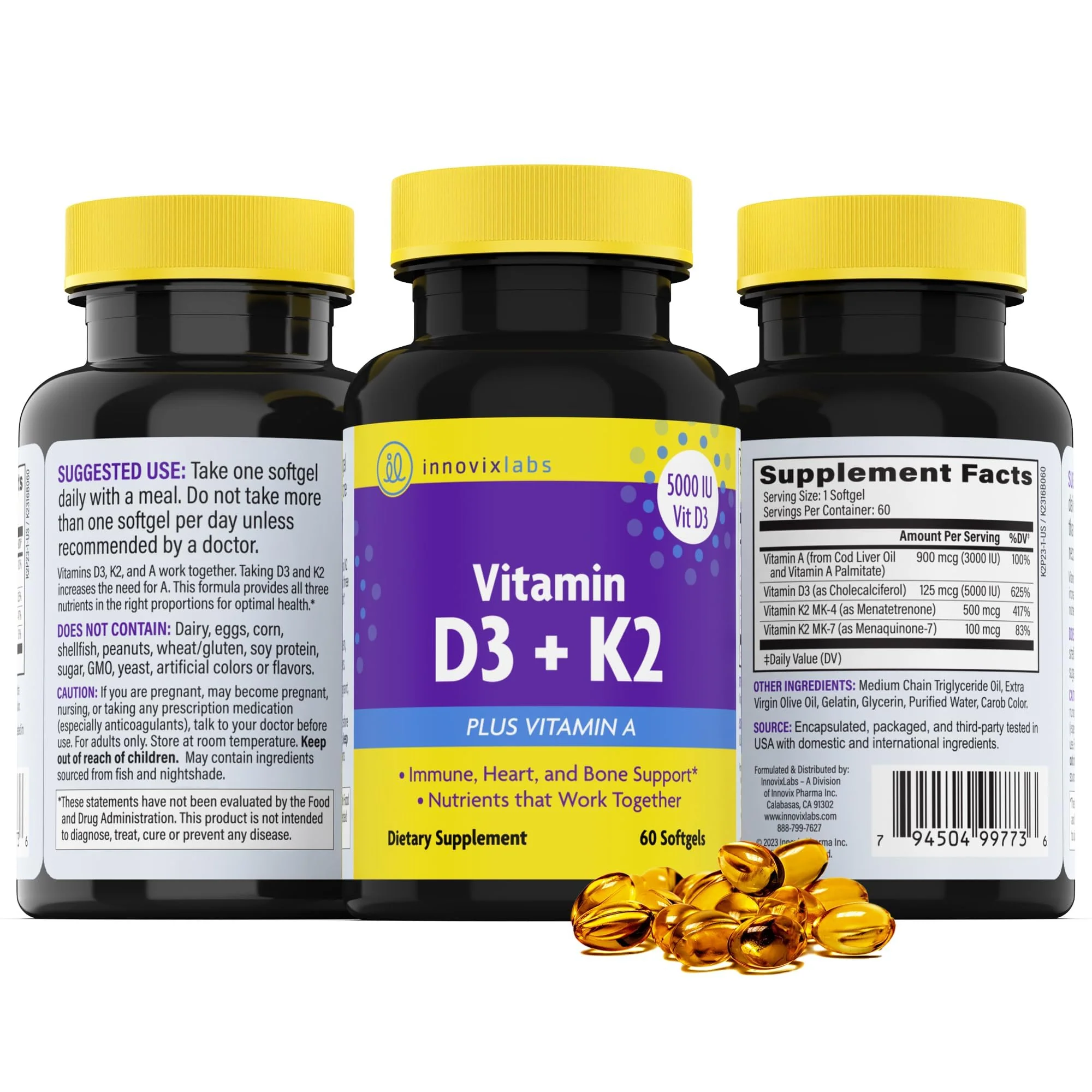 InnovixLabs Vitamin D3 K2-5000 IU Vitamin D3 Plus 600 mcg Vitamin K2 MK4 and MK7 for Max Calcium Absorption, Supports Bone, Immune, Heart Health, 3rd Party Tested, Gluten Free, 60 Softgels - Image 3