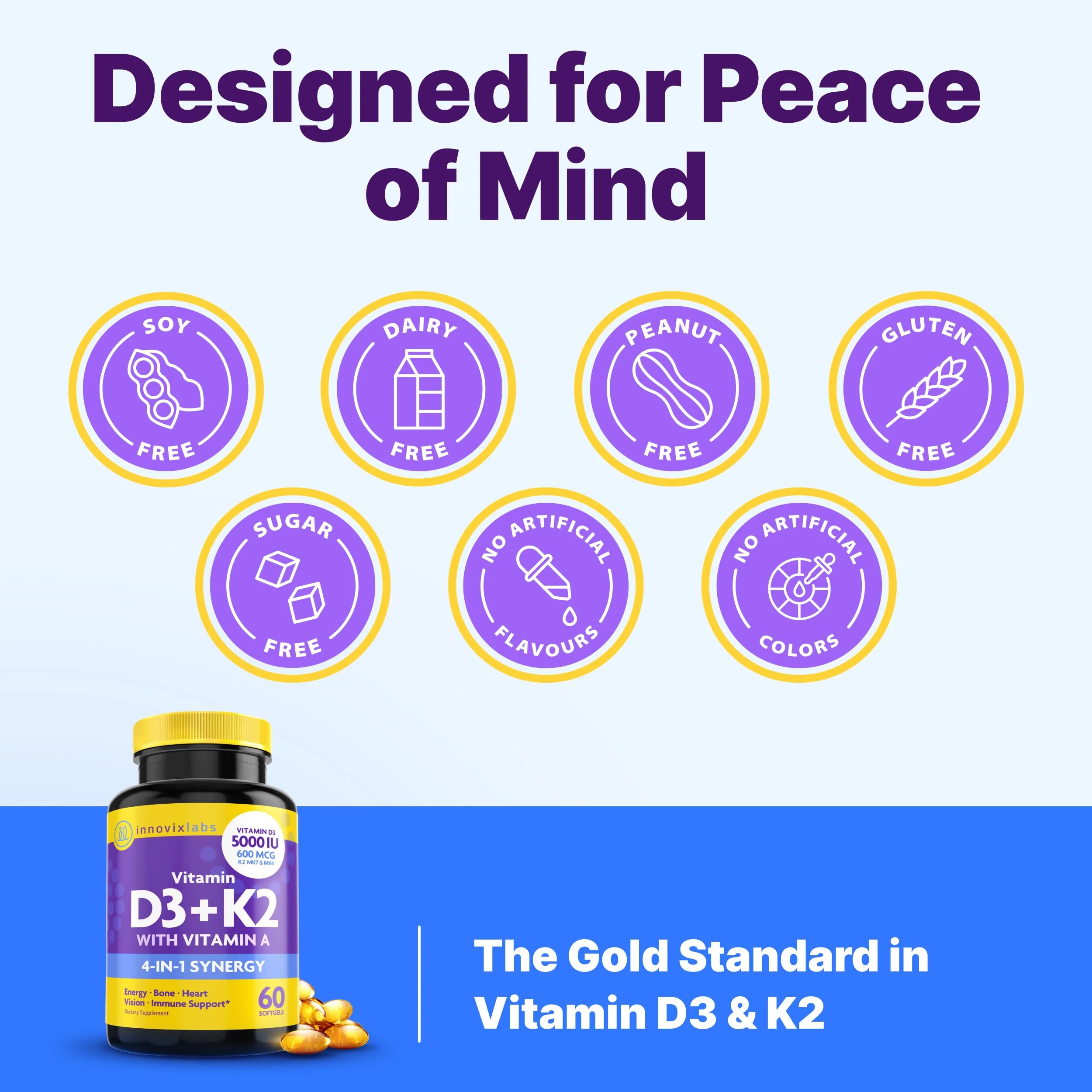 InnovixLabs Vitamin D3 K2-5000 IU Vitamin D3 Plus 600 mcg Vitamin K2 MK4 and MK7 for Max Calcium Absorption, Supports Bone, Immune, Heart Health, 3rd Party Tested, Gluten Free, 60 Softgels - Image 5