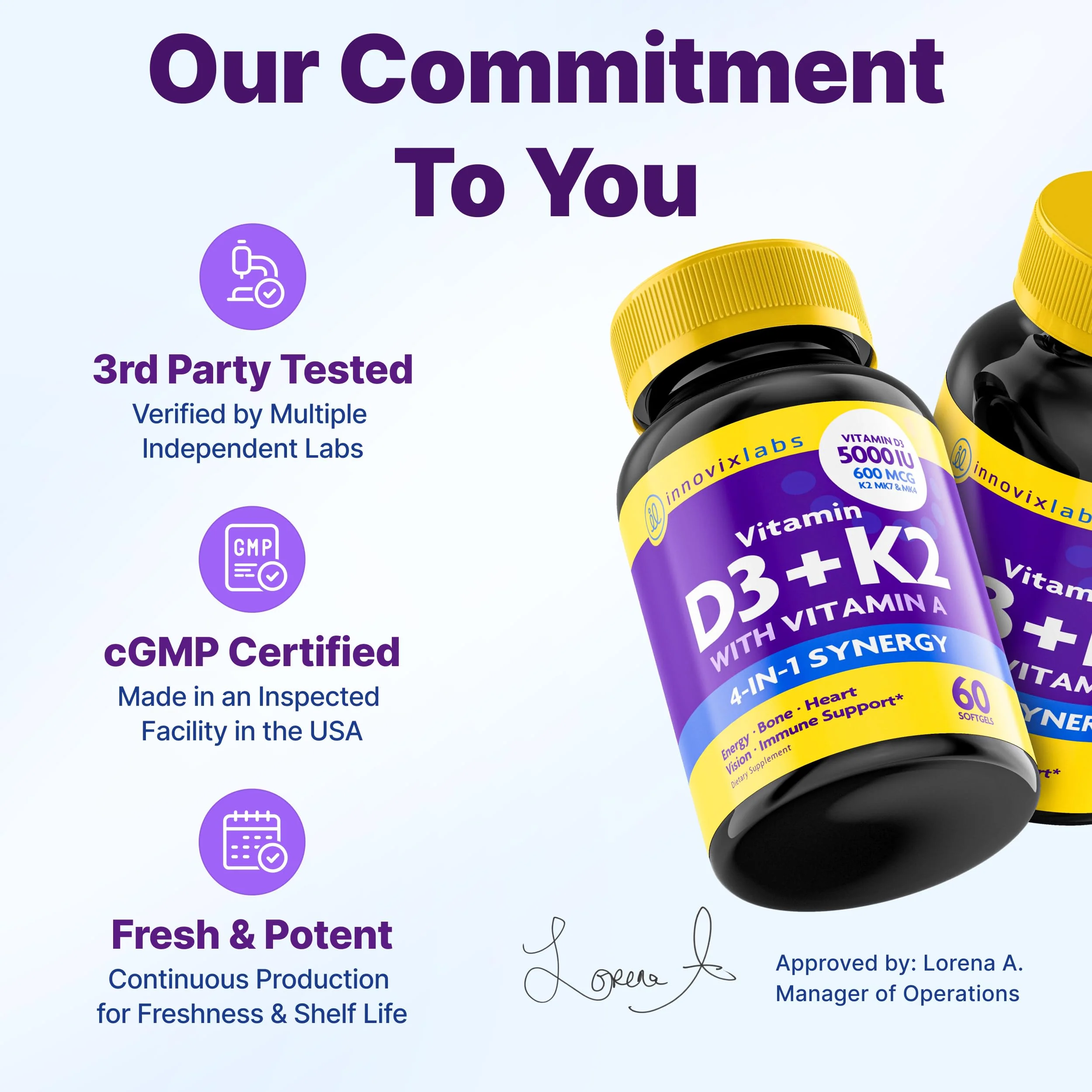 InnovixLabs Vitamin D3 K2-5000 IU Vitamin D3 Plus 600 mcg Vitamin K2 MK4 and MK7 for Max Calcium Absorption, Supports Bone, Immune, Heart Health, 3rd Party Tested, Gluten Free, 60 Softgels - Image 7