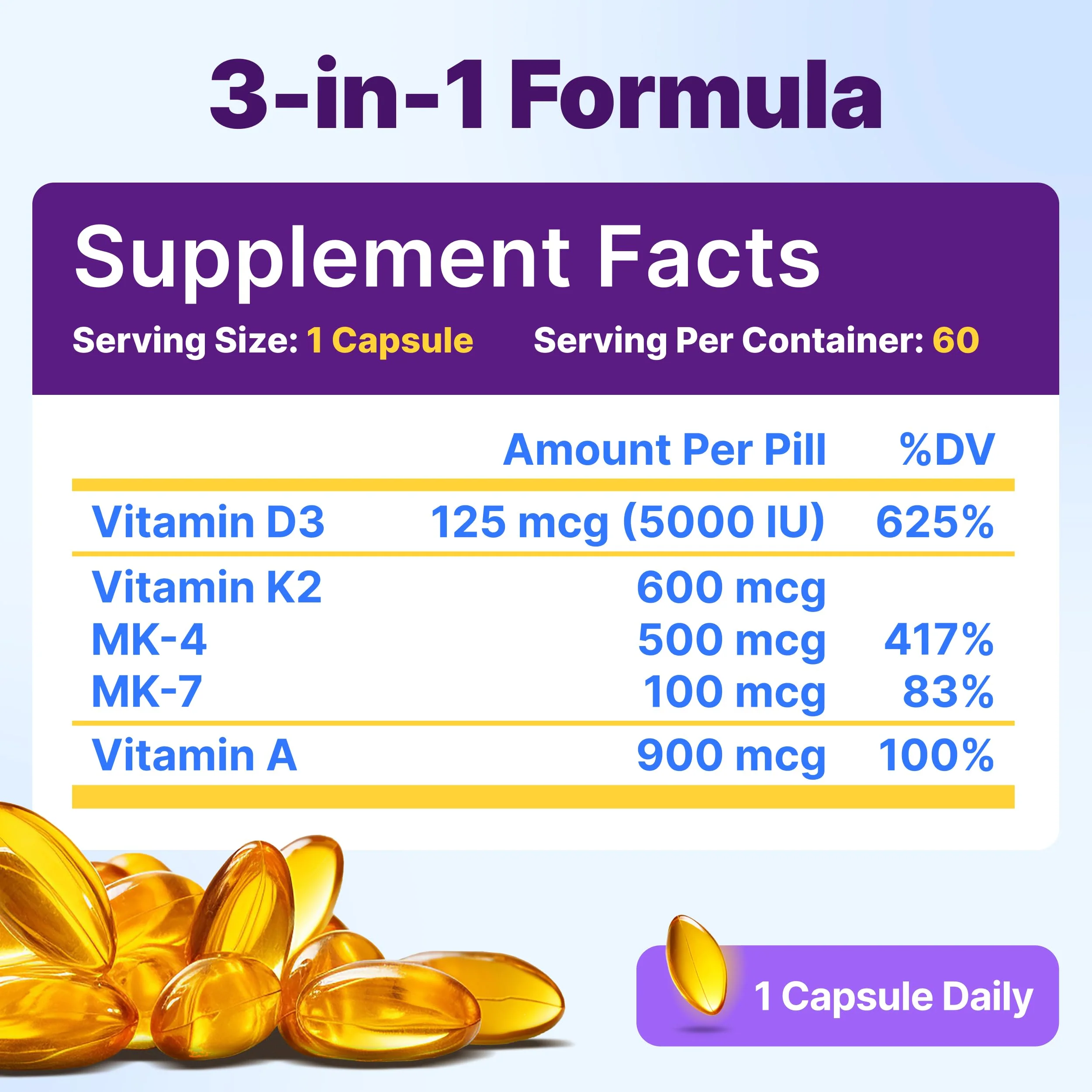 InnovixLabs Vitamin D3 K2-5000 IU Vitamin D3 Plus 600 mcg Vitamin K2 MK4 and MK7 for Max Calcium Absorption, Supports Bone, Immune, Heart Health, 3rd Party Tested, Gluten Free, 60 Softgels - Image 8