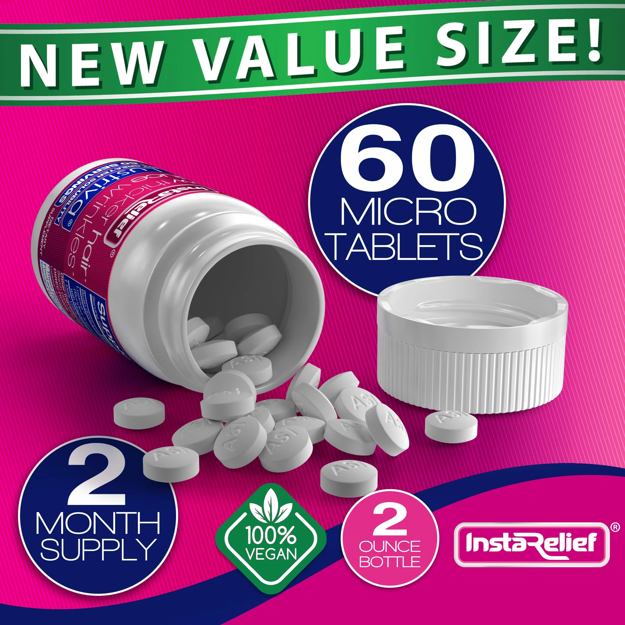 InstaRelief® Hair Growth with Lustriva® - Clinically Shown to Grow Thicker, Healthier Hair in 3 Weeks, Reduce Wrinkles and Fine Lines, with Biotin, Silicon, and Arginine, 60 Tablets - Image 2