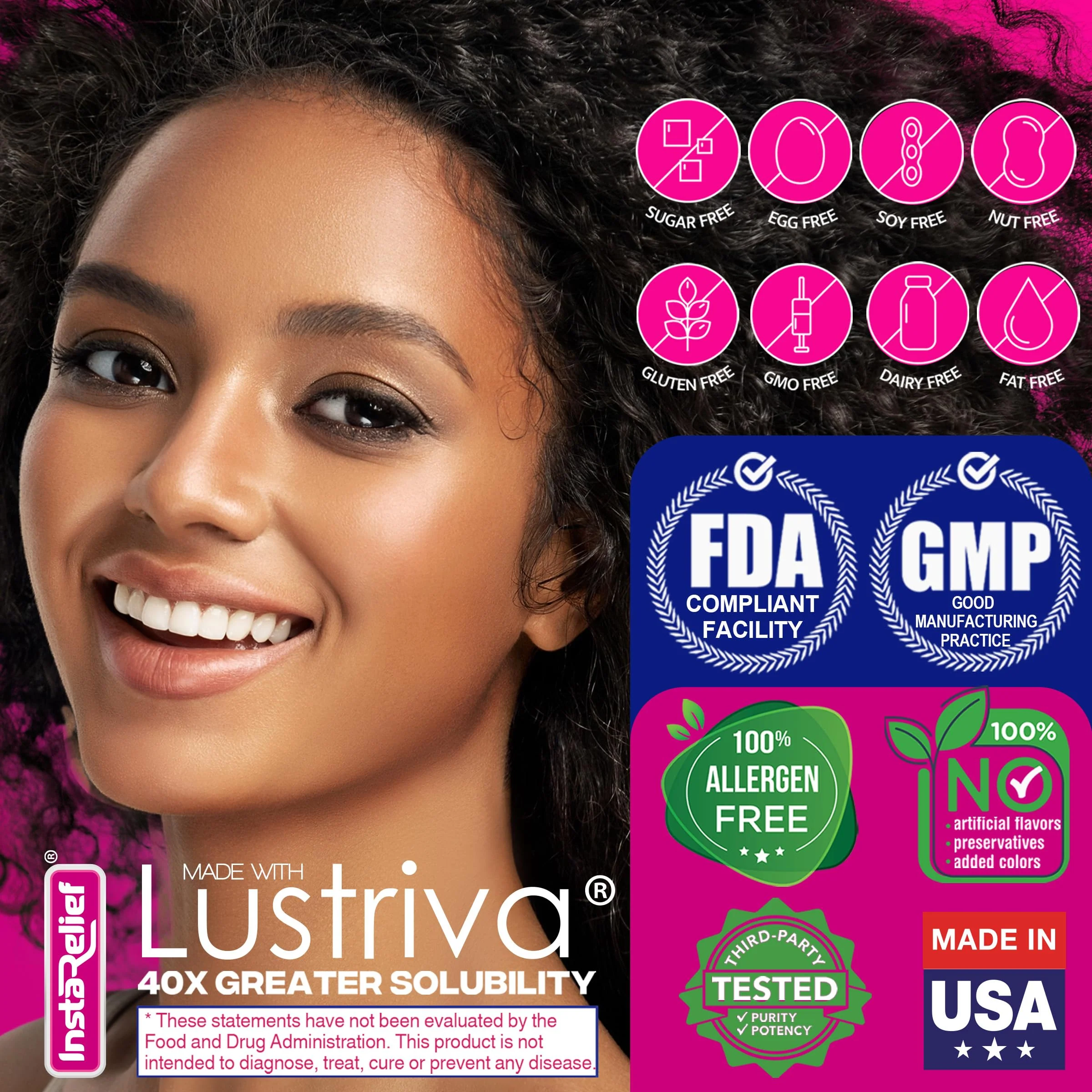 InstaRelief® Hair Growth with Lustriva® - Clinically Shown to Grow Thicker, Healthier Hair in 3 Weeks, Reduce Wrinkles and Fine Lines, with Biotin, Silicon, and Arginine, 60 Tablets - Image 4