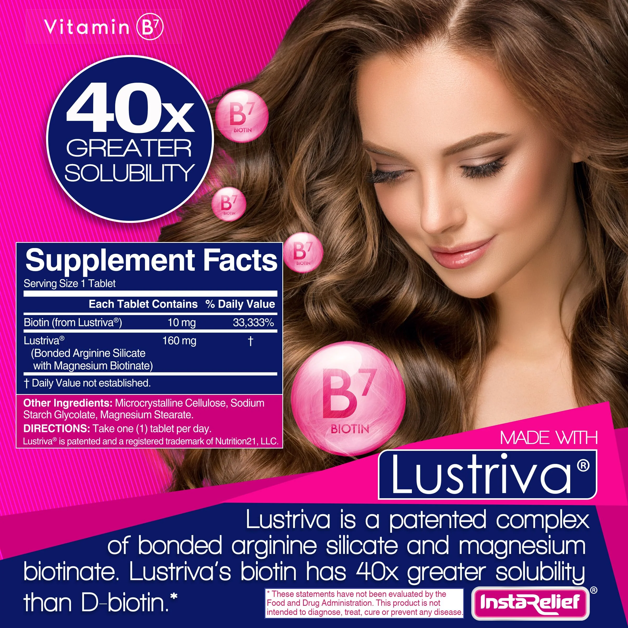 InstaRelief® Hair Growth with Lustriva® - Clinically Shown to Grow Thicker, Healthier Hair in 3 Weeks, Reduce Wrinkles and Fine Lines, with Biotin, Silicon, and Arginine, 60 Tablets - Image 5