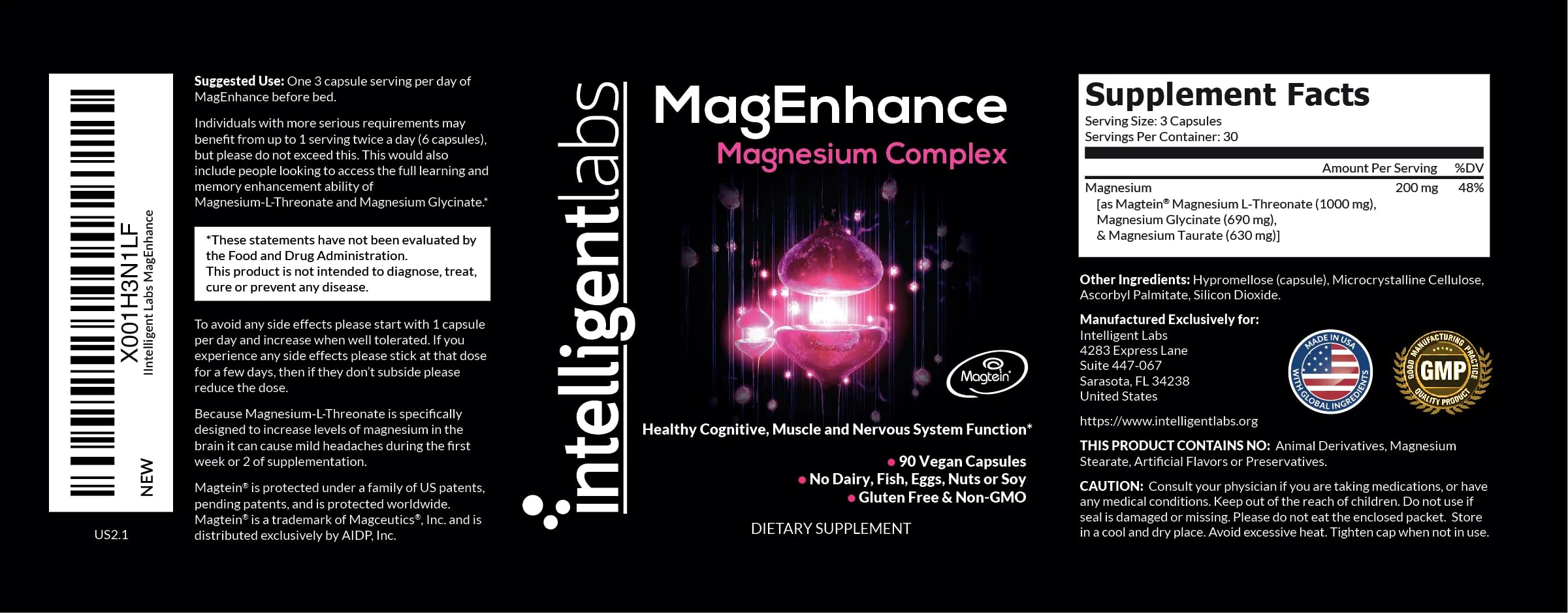Intelligent Labs MagEnhance Magtein Magnesium Complex Supplement L-Threonate with Magnesium Glycinate and Taurate, 90 Capsules - Image 4