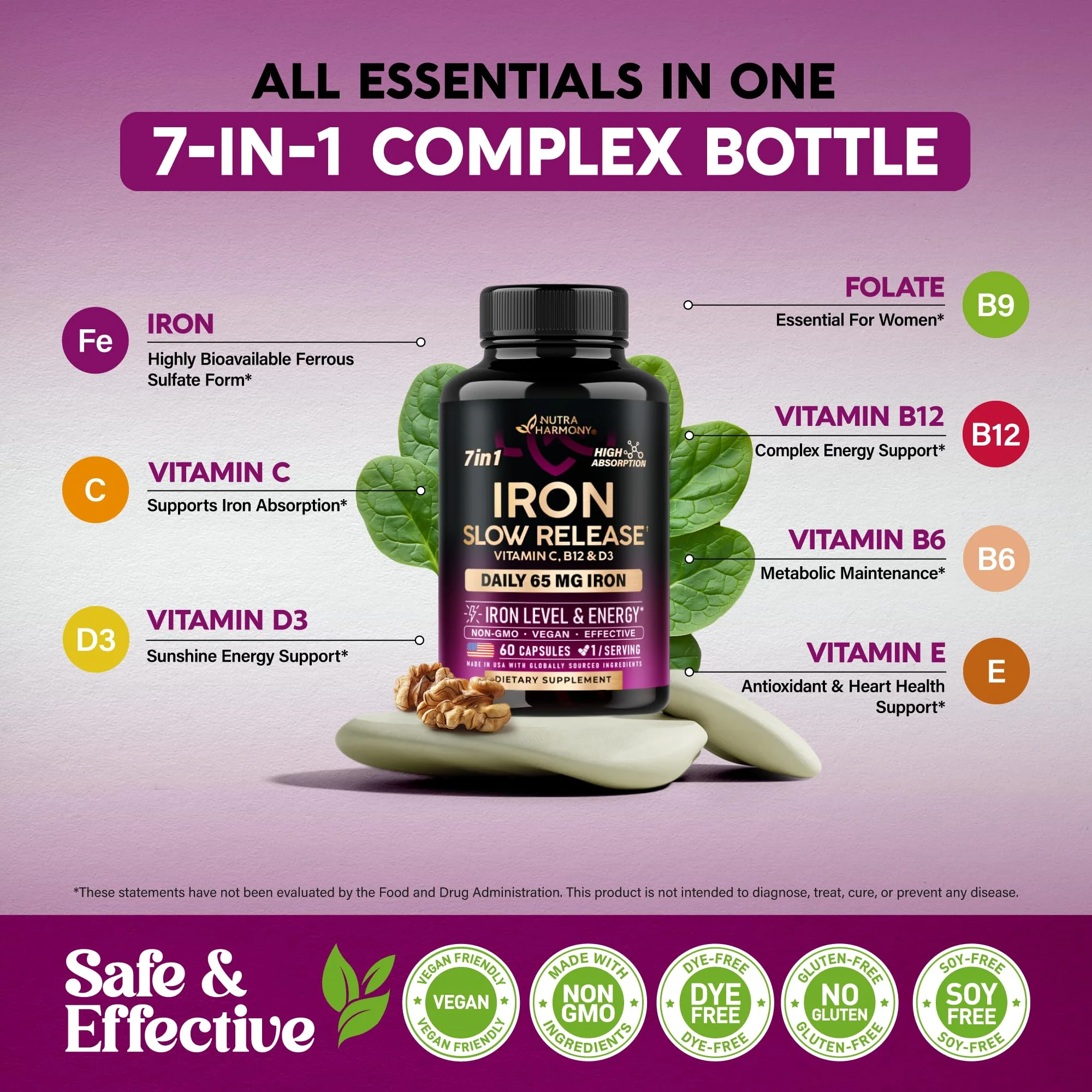 Iron Supplement for Women - Iron 65mg (Ferrous Sulfate 325mg) - Stomach Friendly | Slow Release Iron | High Absorption - Vitamins C, D3, B6, B12 & Folate - Iron Level & Energy Support - 60 Capsules - Image 5