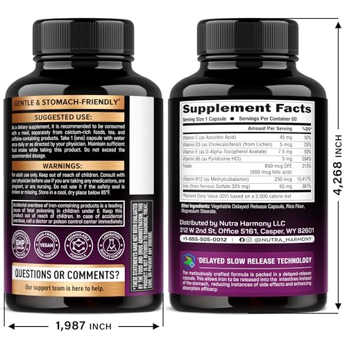 Iron Supplement for Women - Iron 65mg (Ferrous Sulfate 325mg) - Stomach Friendly | Slow Release Iron | High Absorption - Vitamins C, D3, B6, B12 & Folate - Iron Level & Energy Support - 60 Capsules - Image 9