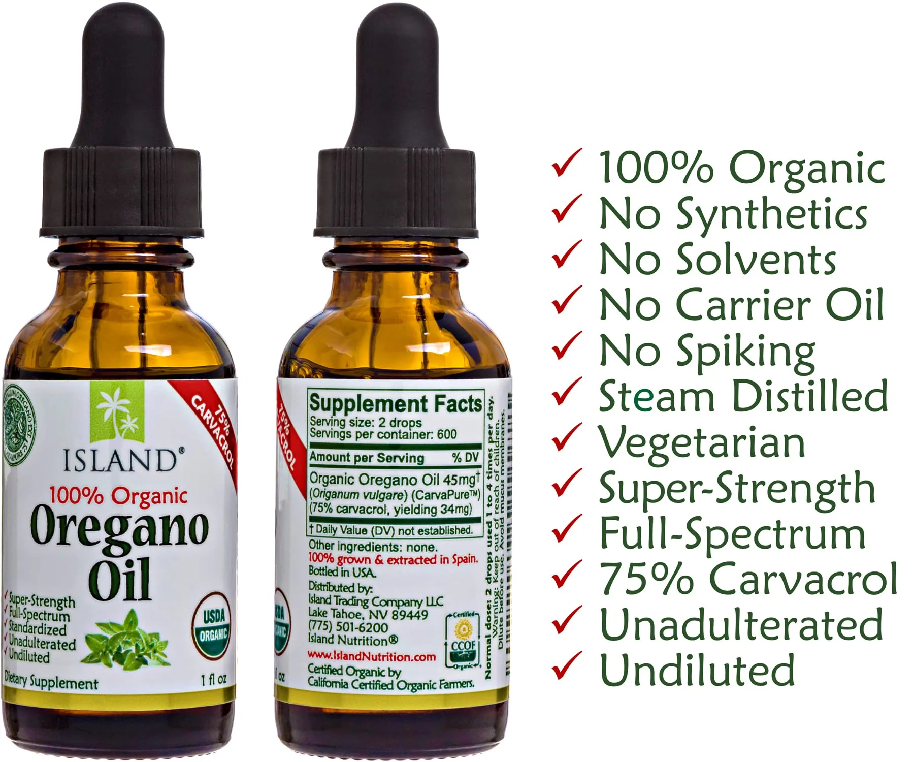 Island Nutrition, Oregano Oil Organic Liquid Drops - 100% Pure & Undiluted - USDA-Certified Organic (1 oz) 75% Carvacrol - Grown in Spain - Immune Support Supplement with Oil of Oregano. - Image 3