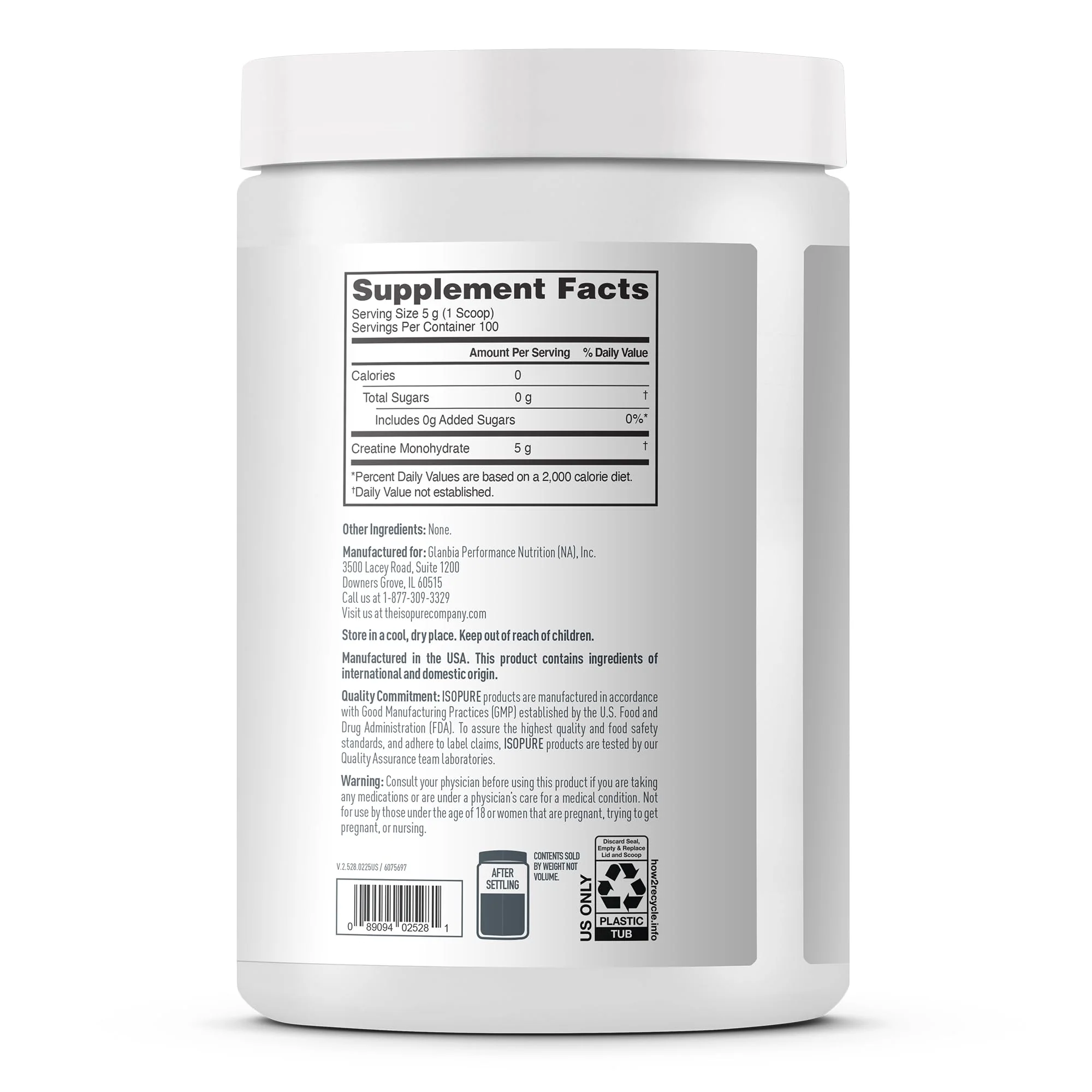Isopure 100% Pure Creatine Monohydrate Powder, Sugar Free, Unflavored, 5g Creatine Monohydrate Per Serving, 1.1 Lbs, 100 Servings (Packaging May Vary) - Image 2