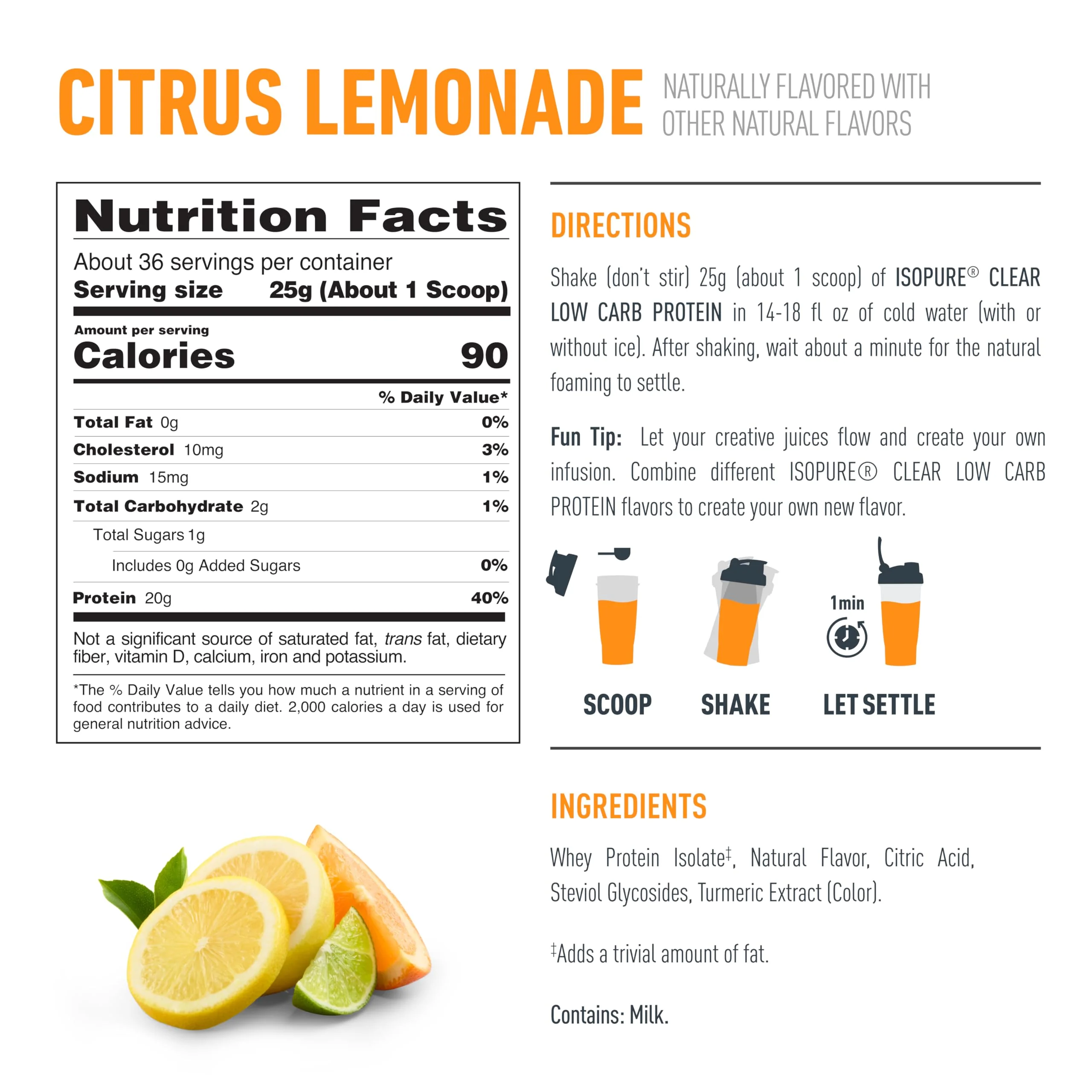 Isopure Clear Whey Isolate Protein Powder, Lactose Free, Gluten Free, Naturally Flavored, Citrus Lemonade, 20g Protein Per Serving, 1.9 Lb, 36 Servings (Packaging May Vary) - Image 3