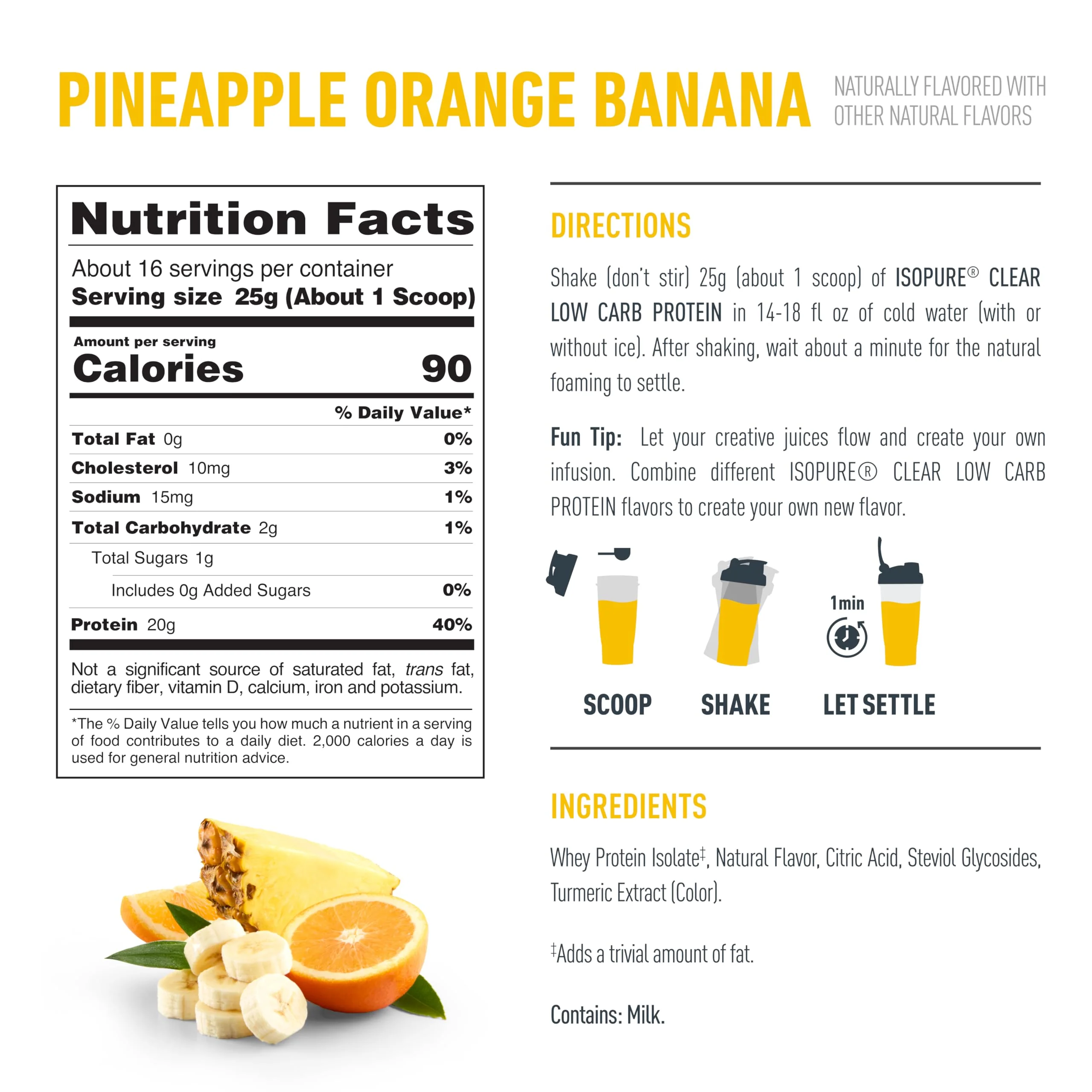 Isopure Clear Whey Isolate Protein Powder, Lactose Free, Gluten Free, Naturally Flavored, Pineapple Orange Banana, 20g Protein Per Serving, 14.1 Oz, 16 Servings (Packaging May Vary) - Image 3