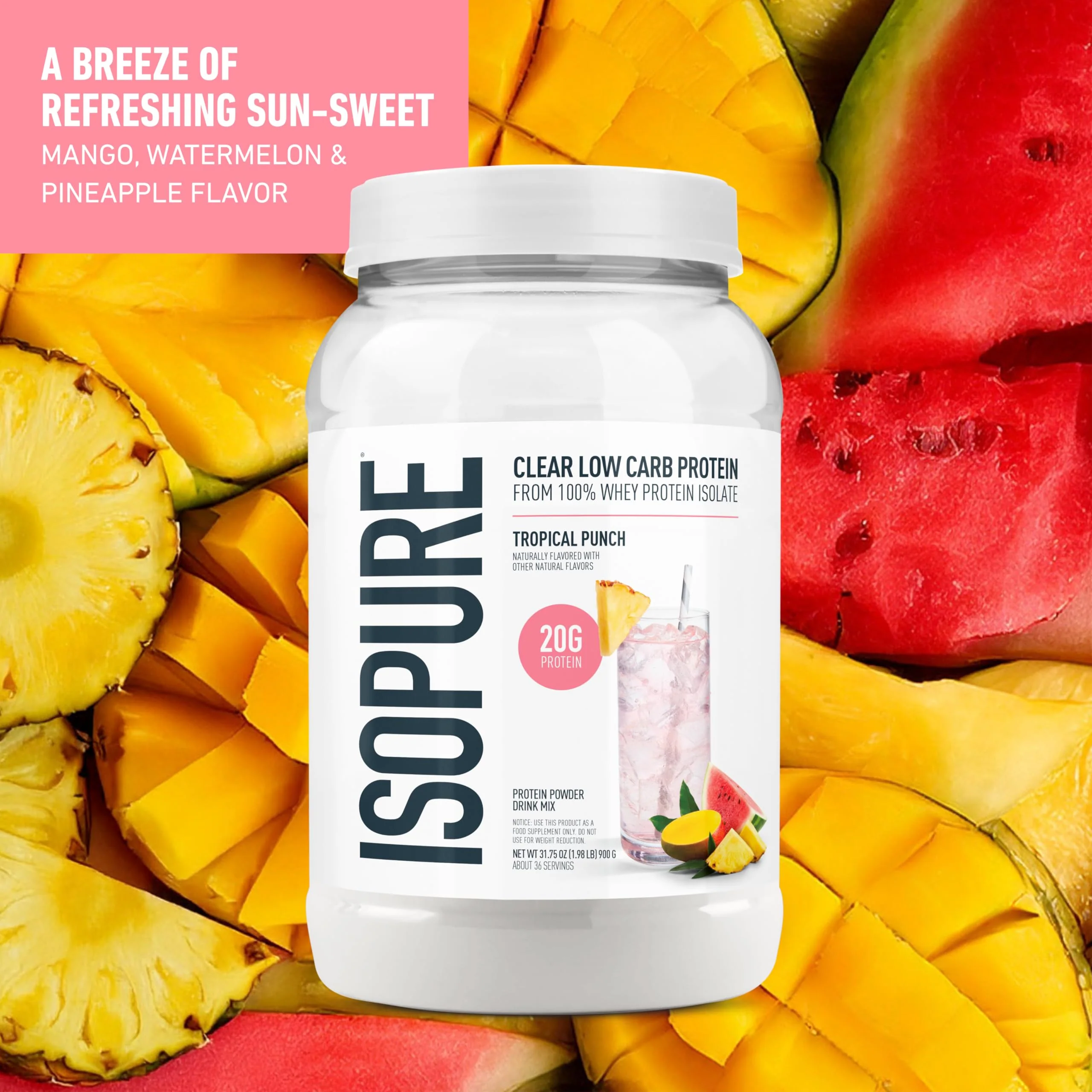 Isopure Clear Whey Isolate Protein Powder, Lactose Free, Gluten Free, Naturally Flavored, Tropical Punch, 20g Protein Per Serving, 1.9 Lbs, 36 Servings (Packaging May Vary) - Image 7