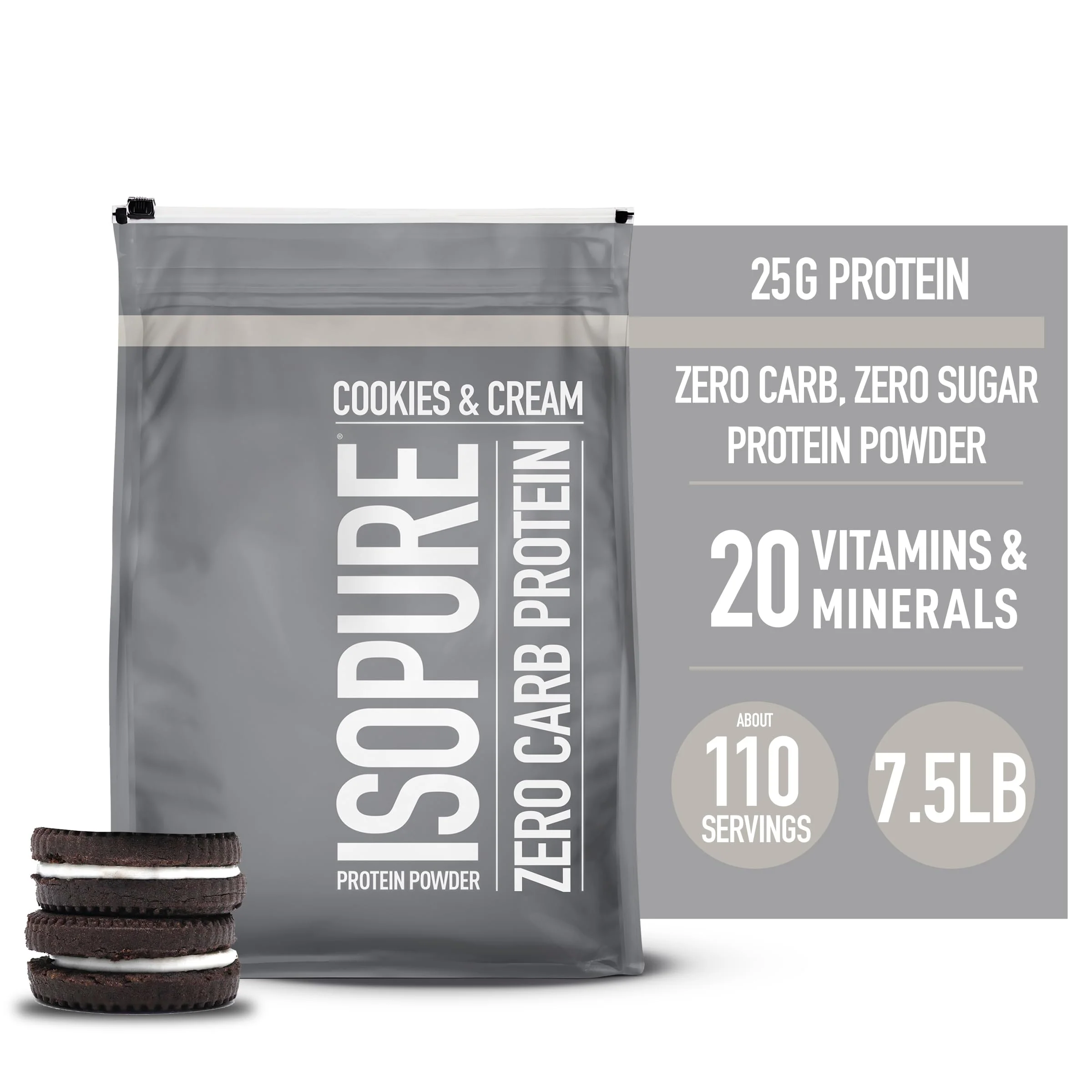 Isopure Zero Carb 100% Pure Whey Isolate Protein Powder, Gluten Free, with Vitamins, Cookies & Cream, 25g Protein Per Serving, 7.5 Lbs, 110 Servings (Packaging May Vary) - Image 2