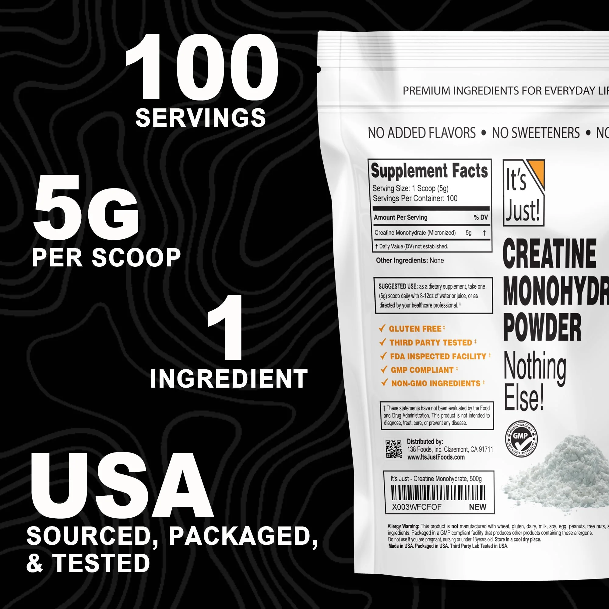 It's Just! - Creatine Monohydrate Powder, Pure Creatine Powder, Made in USA, 3rd Party Lab Tested, 5g Per Serving, Scoop Included, No Fillers, No Added Flavor (Unflavored, 500g / 100 Servings) - Image 2