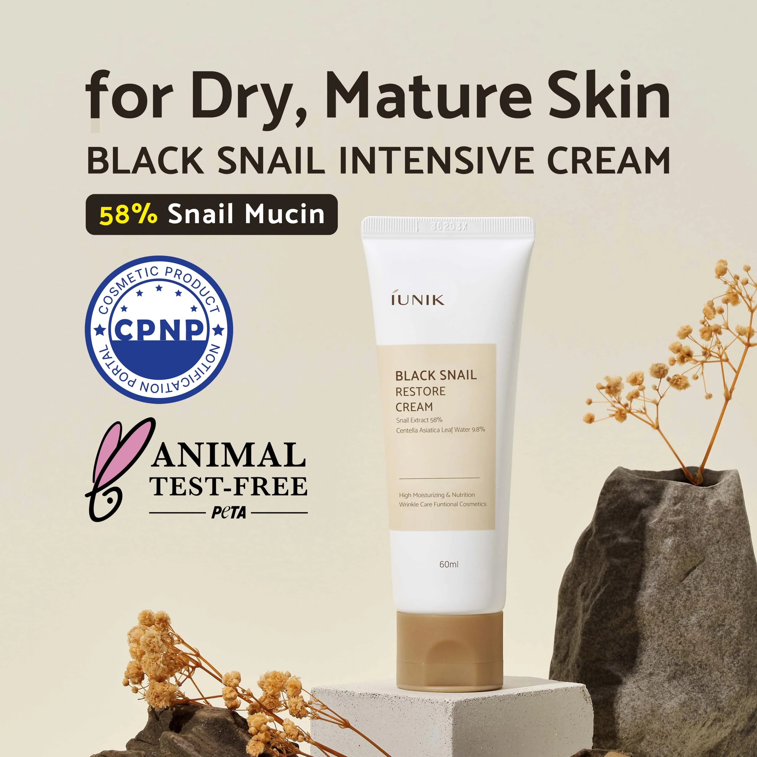 IUNIK Black Snail Restore Cream, 2.02 Fl Oz - 58% Black Snail Mucin Secretion Filtrate Soothing, Reduce & Fine Lines Deeply Nourishing and Moisturizing - Image 6