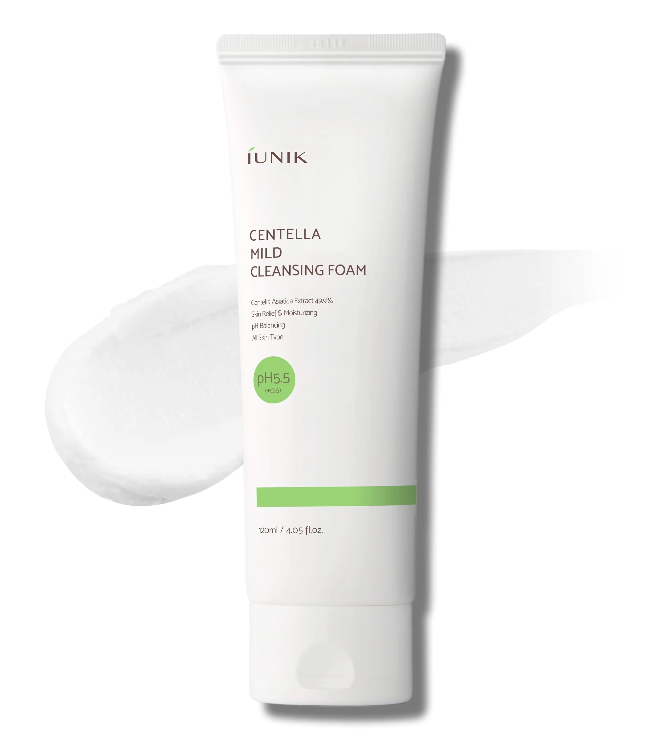 IUNIK Centella Mild Facial Foaming Cleanser - Non-stripping Sub-Acid w/Centella Asiatica 49% Moisturizing pH Balancing for Oily Dry Senstivie Acne-prone skin Vegan Korean Skincare