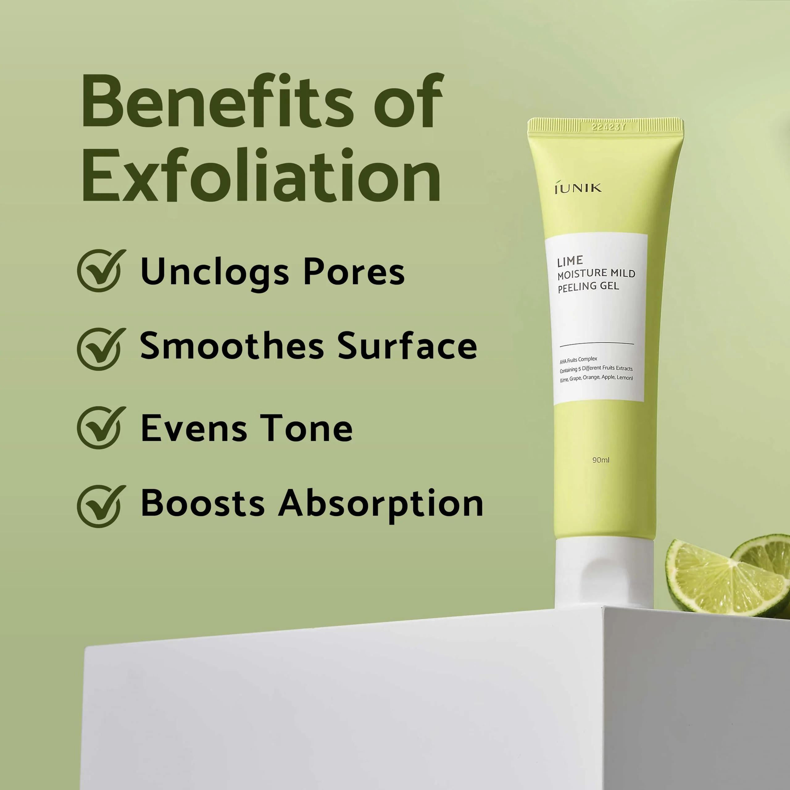 IUNIK Lime Moisture Mild Peeling Gel 3.04 Fl Oz - Gentle Exfoliating Deep Cleansing Glowing - Smooth with AHA & Fruits Complex - Control Sebum Clear Dead Skin Cells Blackheads Pore-Minimizing Vegan - Image 4