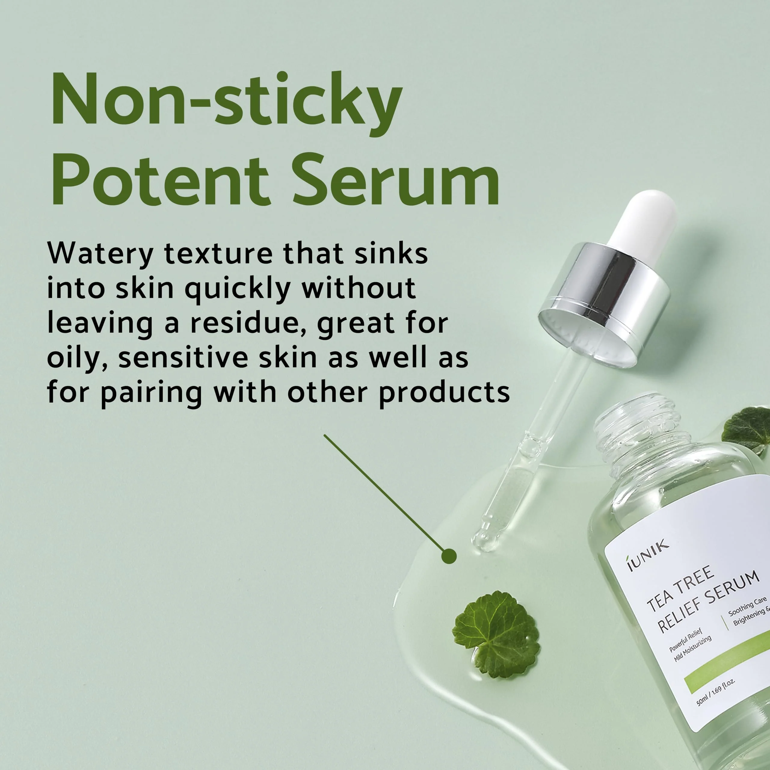 IUNIK Tea Tree Relief Vegan Serum for Acne-Prone Skin - Non-Sticky & Lightweight Facial Ampoule with Centella Asiatica for Soothing, Calming, and Balancing - Korean Skincare 1.7 Fl Oz - Image 4