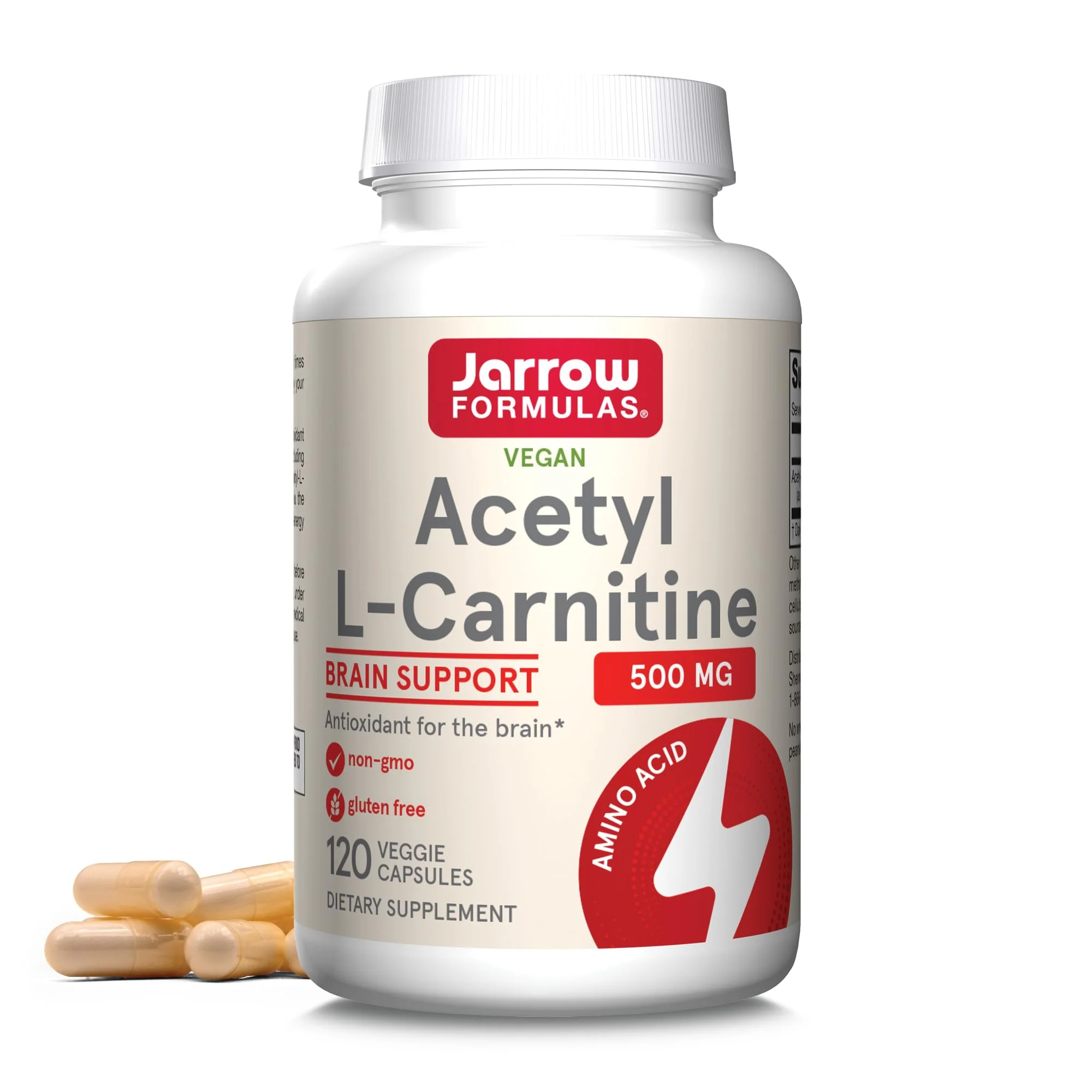 Jarrow Formulas® Acetyl L-Carnitine 500 mg, Dietary Supplement, Amino Acid Support for Brain Health and Antioxidants, 120 Veggie Capsules, 120 Day Supply