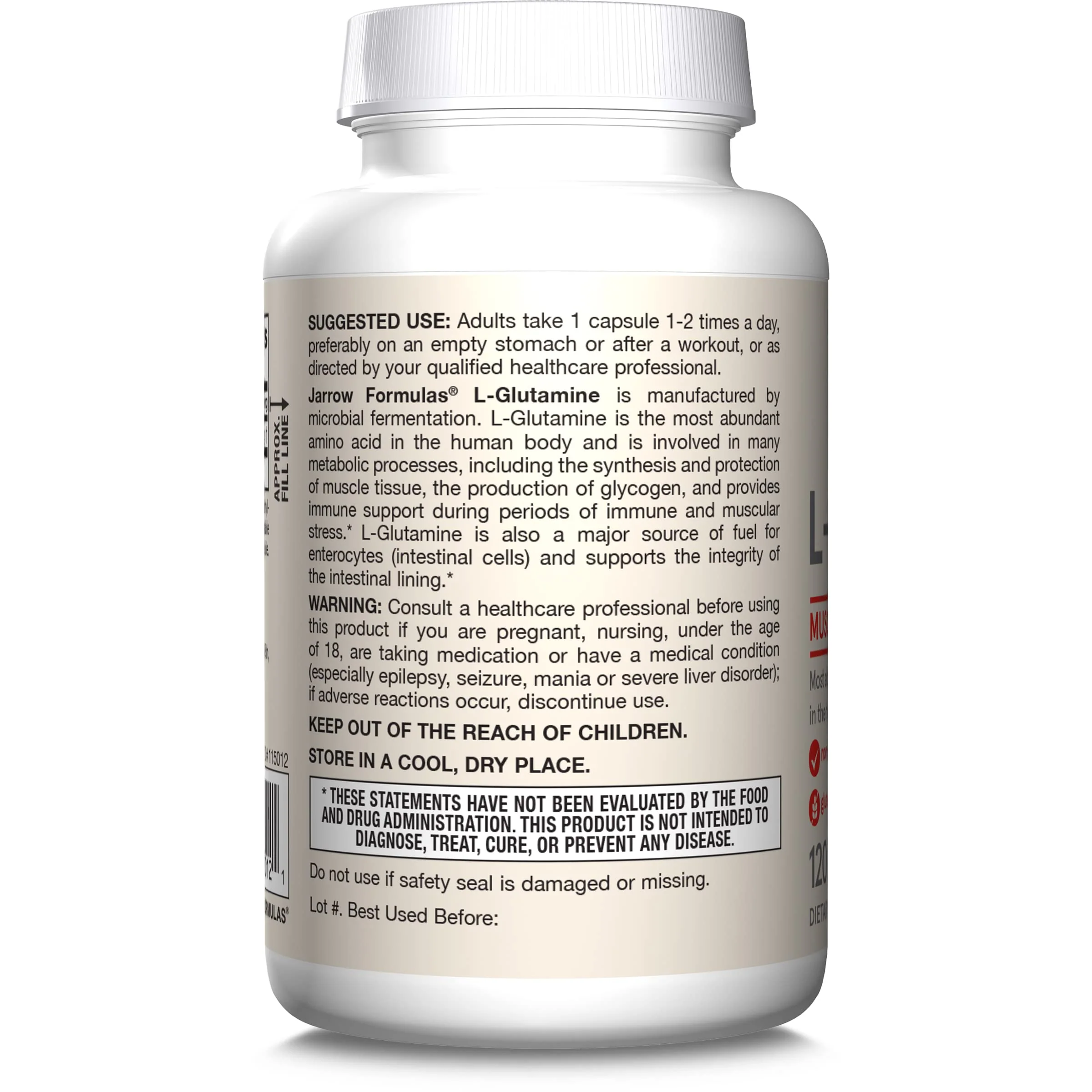 Jarrow Formulas® L-Glutamine 750 mg, Dietary Supplement, Immune and Muscle Support, 120 Veggie Capsules, Up to 120 Day Supply - Image 3