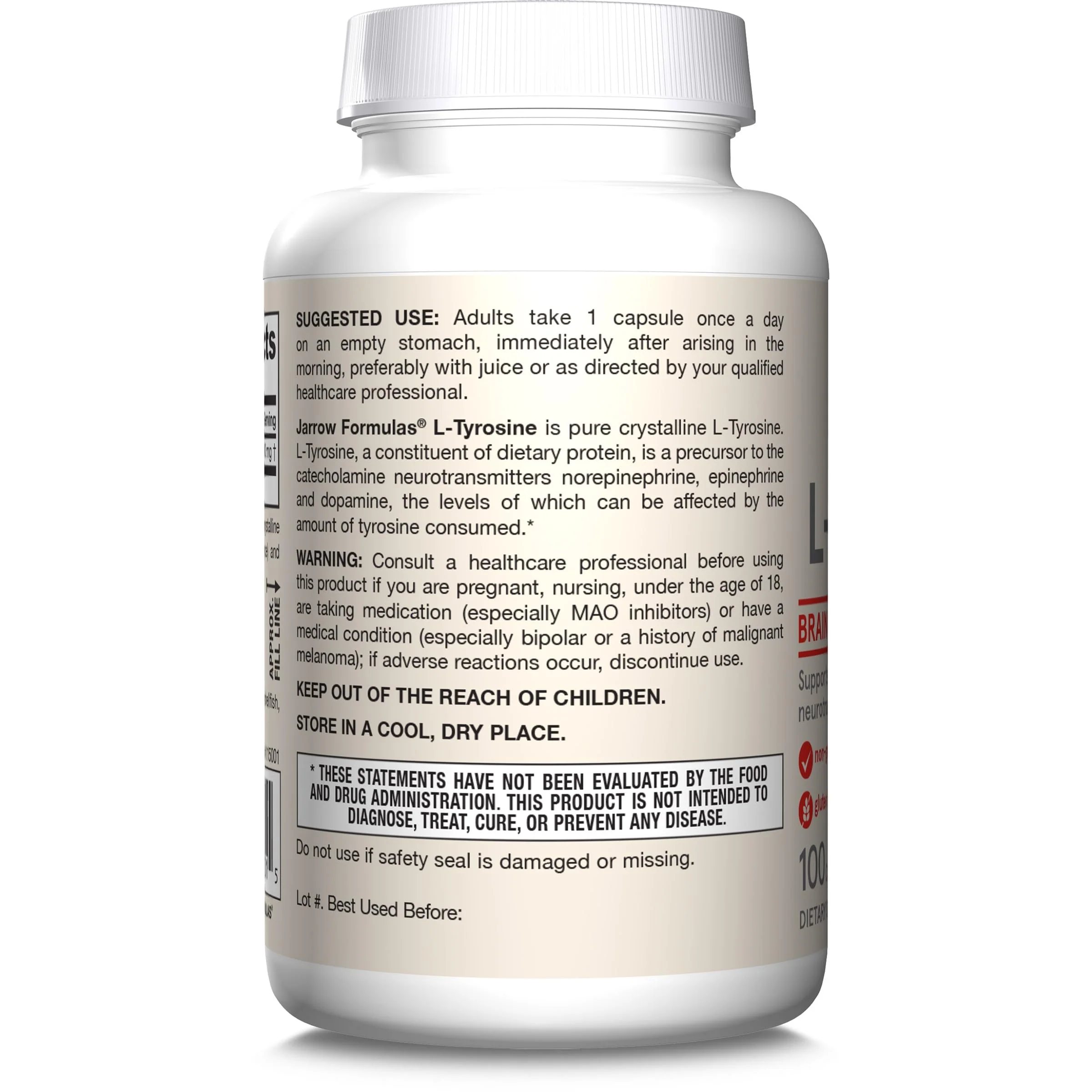 Jarrow Formulas® L-Tyrosine 500 mg, Dietary Supplement, Amino Acid Supplement for Brain Health Support, 100 Capsules, 100 Day Supply - Image 3