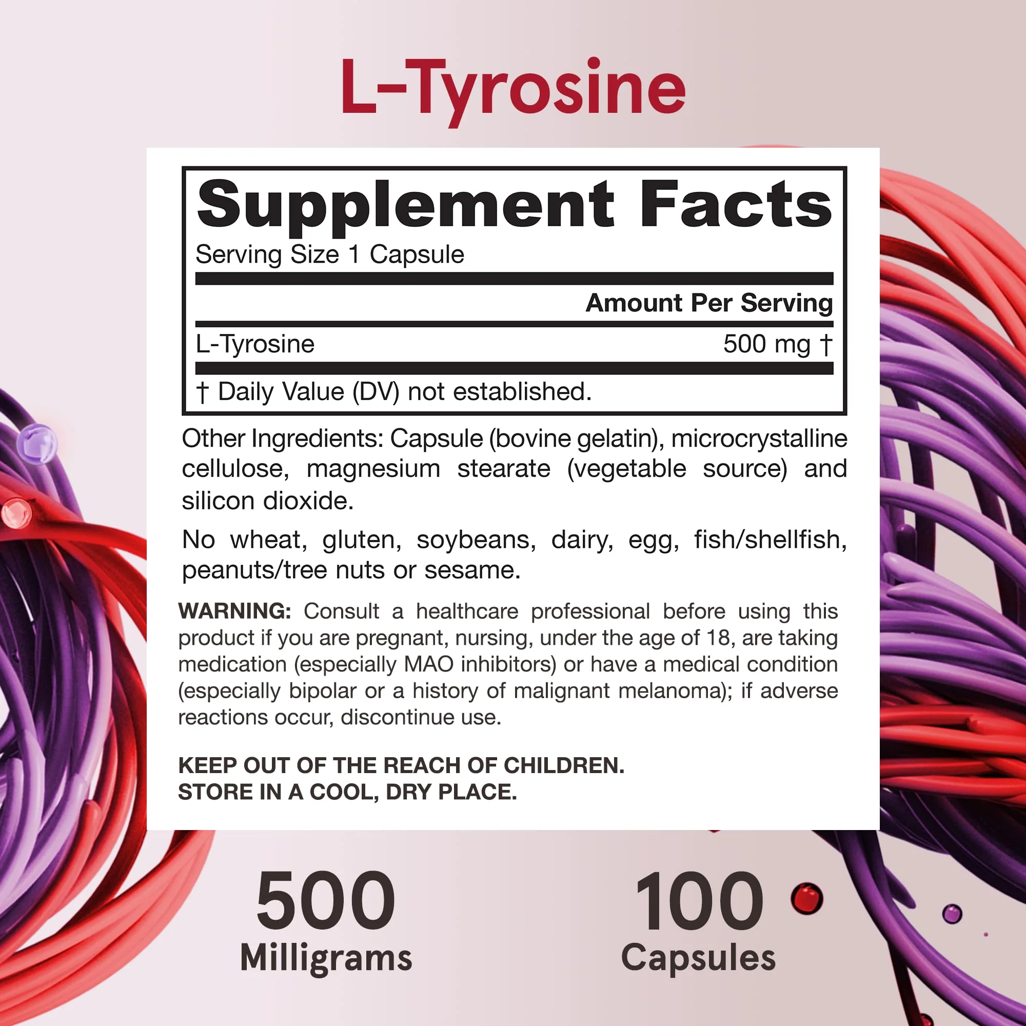 Jarrow Formulas® L-Tyrosine 500 mg, Dietary Supplement, Amino Acid Supplement for Brain Health Support, 100 Capsules, 100 Day Supply - Image 6