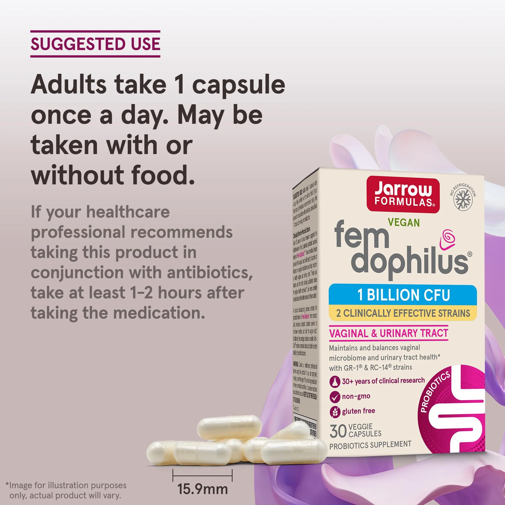 Jarrow Formulas Fem-Dophilus Vaginal Probiotics 1 Billion CFU with 2 Science-Backed Strains, Dietary Supplement for Vaginal & Urinary Tract Support, 30 Capsules, Up to a 30 Day Supply, Shelf-Stable - Image 7