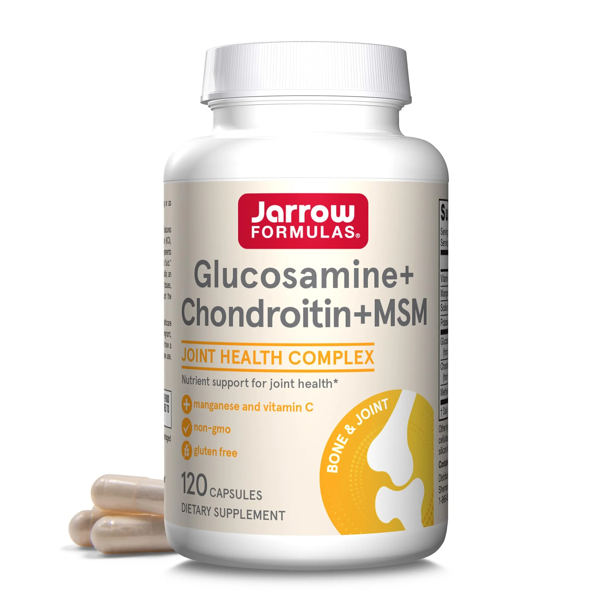 Jarrow Formulas Glucosamine, Chondroitin, and MSM Capsules; Joint Support Supplement with Vitamin C and Manganese, Bone & Joint Health, 120 Capsules, 30 Day Supply