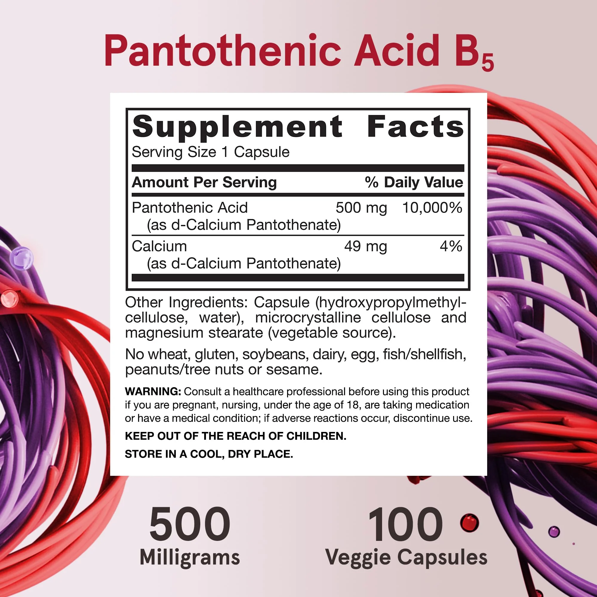 Jarrow Formulas Pantothenic Acid B5 500 mg, Dietary Supplement, Vitamin B5 for Adrenal Hormone Support and Cellular Energy Metabolism, 100 Veggie Capsules, 100 Day Supply - Image 6
