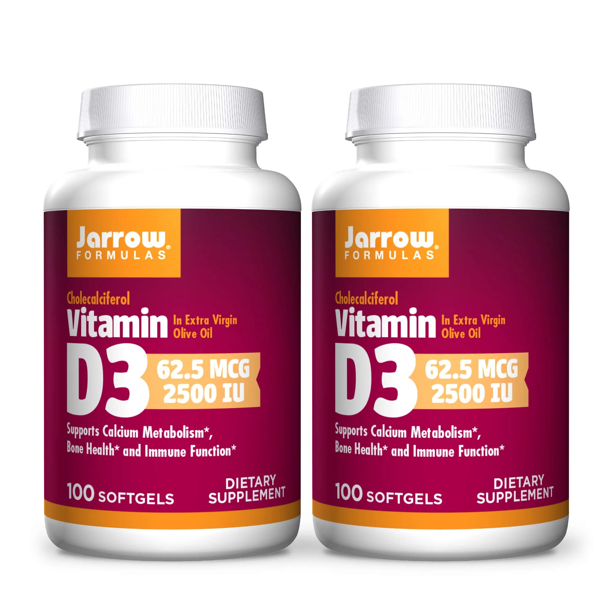 Jarrow Formulas Vitamin D3 2500 IU - 100 Softgels, Pack of 2 - Bone Health, Immune Function & Calcium Metabolism Support - 200 Total Servings