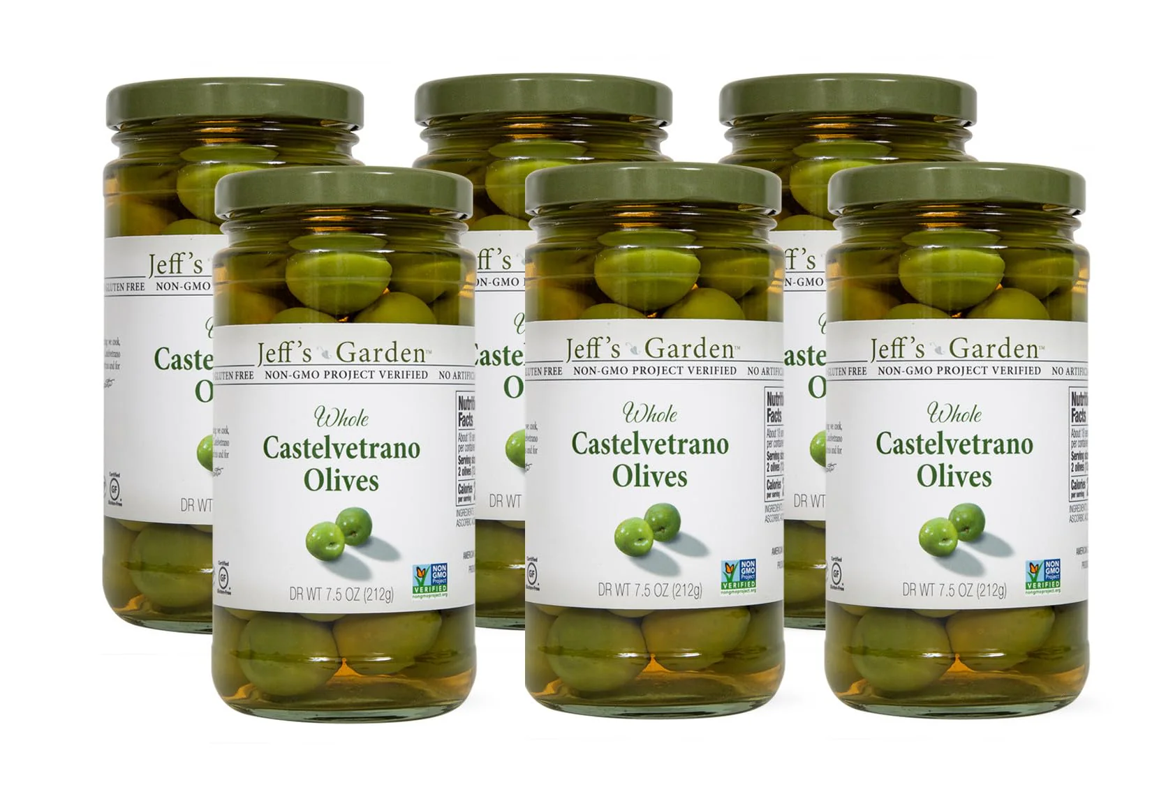 Jeff's Garden Whole Castelvetrano Olives | Non-GMO, Gluten Free, Keto, Vegan | 7.5 Ounce Drained Weight Jar (Pack of 6)