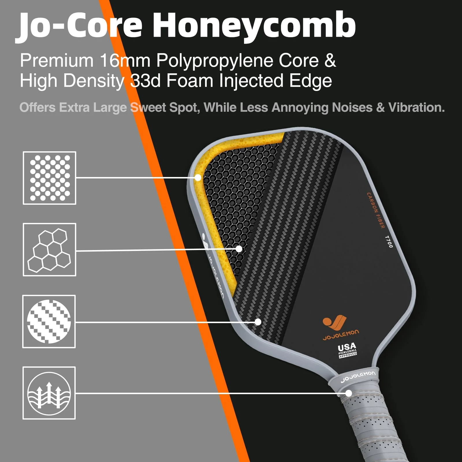 JOJOLEMON Pickleball Paddles, Raw Carbon Fiber Rackets with 16mm Polymer Honeycomb Core, Hybrid Racquet Designed for Ultimate Spin & Consistency - USAPA Approved - Image 7