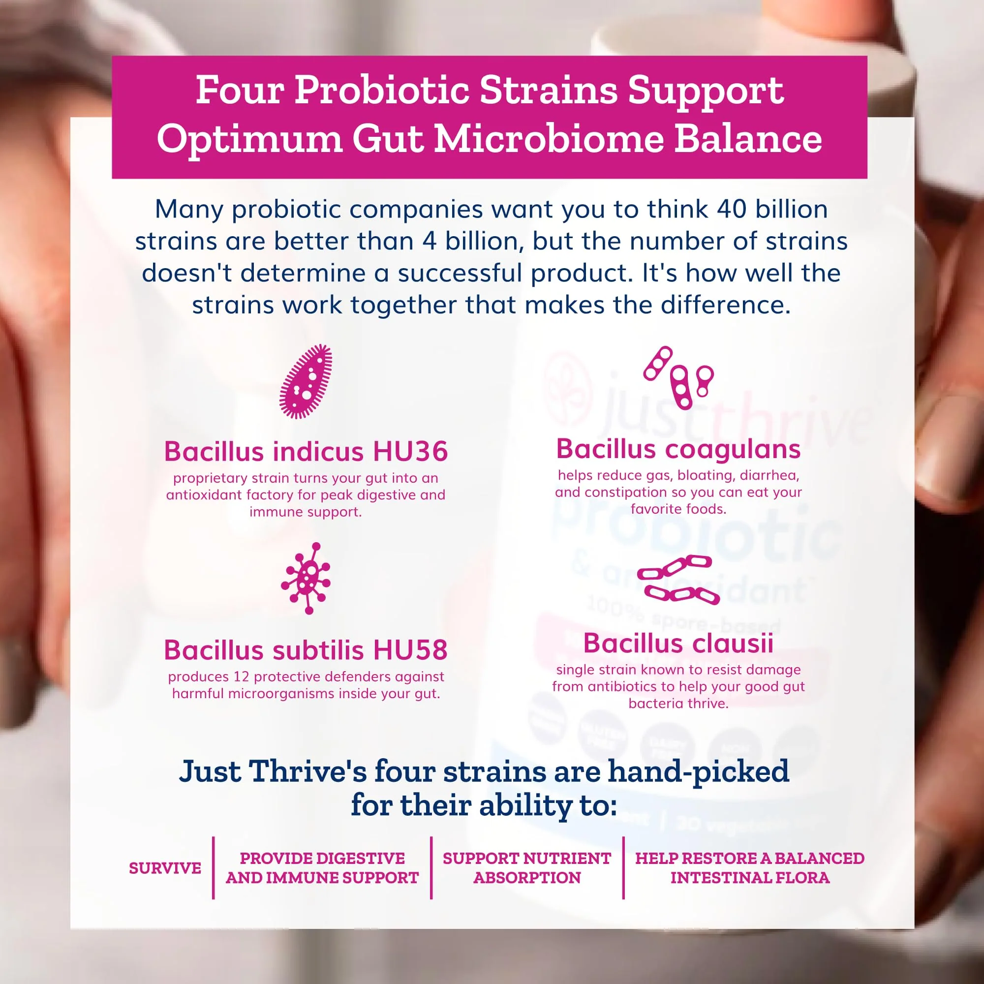 Just Thrive Probiotic & Antioxidant Supplement - 100% Spore-Based Digestive and Immune Support - Gluten Free, 30 Caps - Image 3