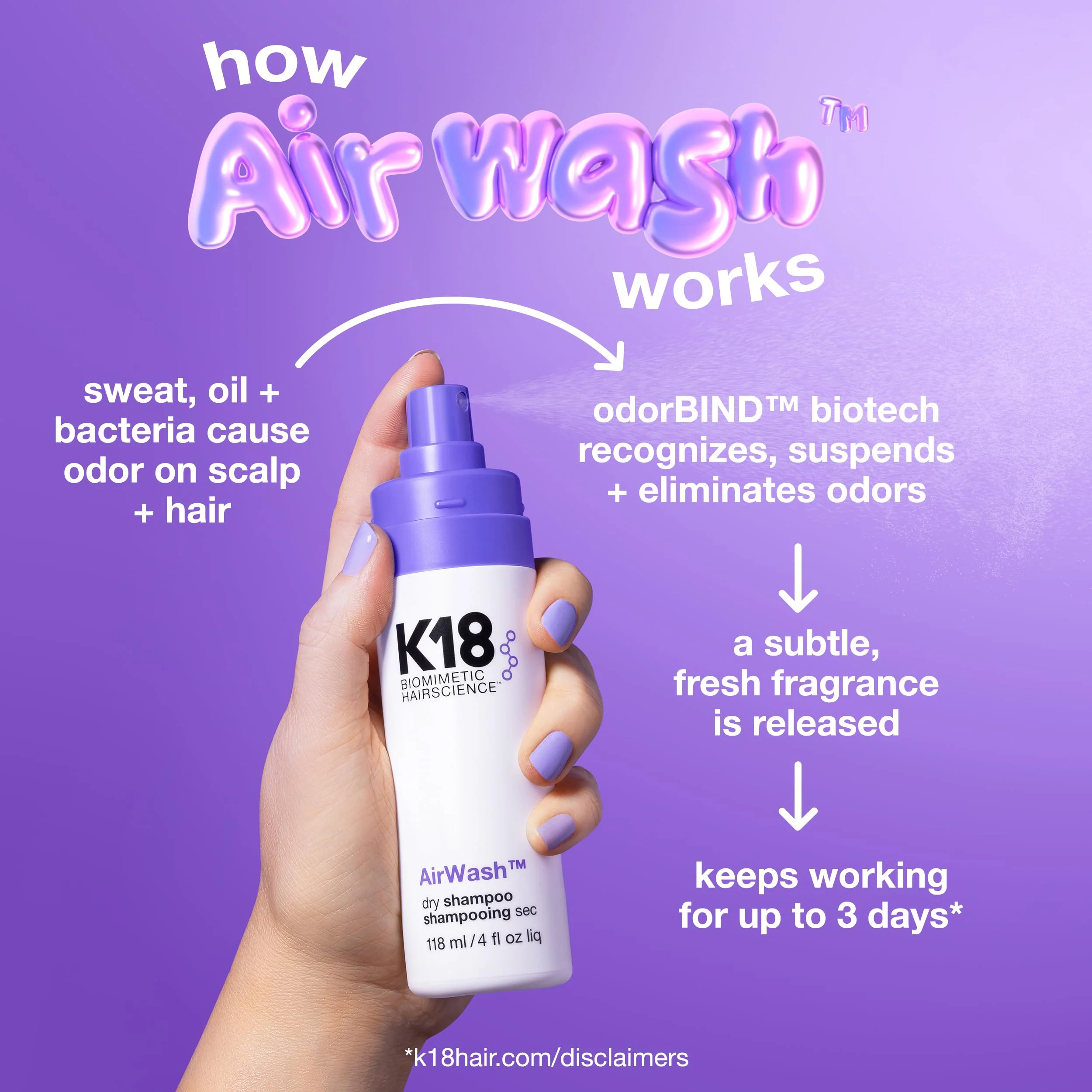 K18 AirWash™ Dry Shampoo, Non-Aerosol, Balances Scalp & Controls Excess Oil Production, 4 Fl Oz - Image 3