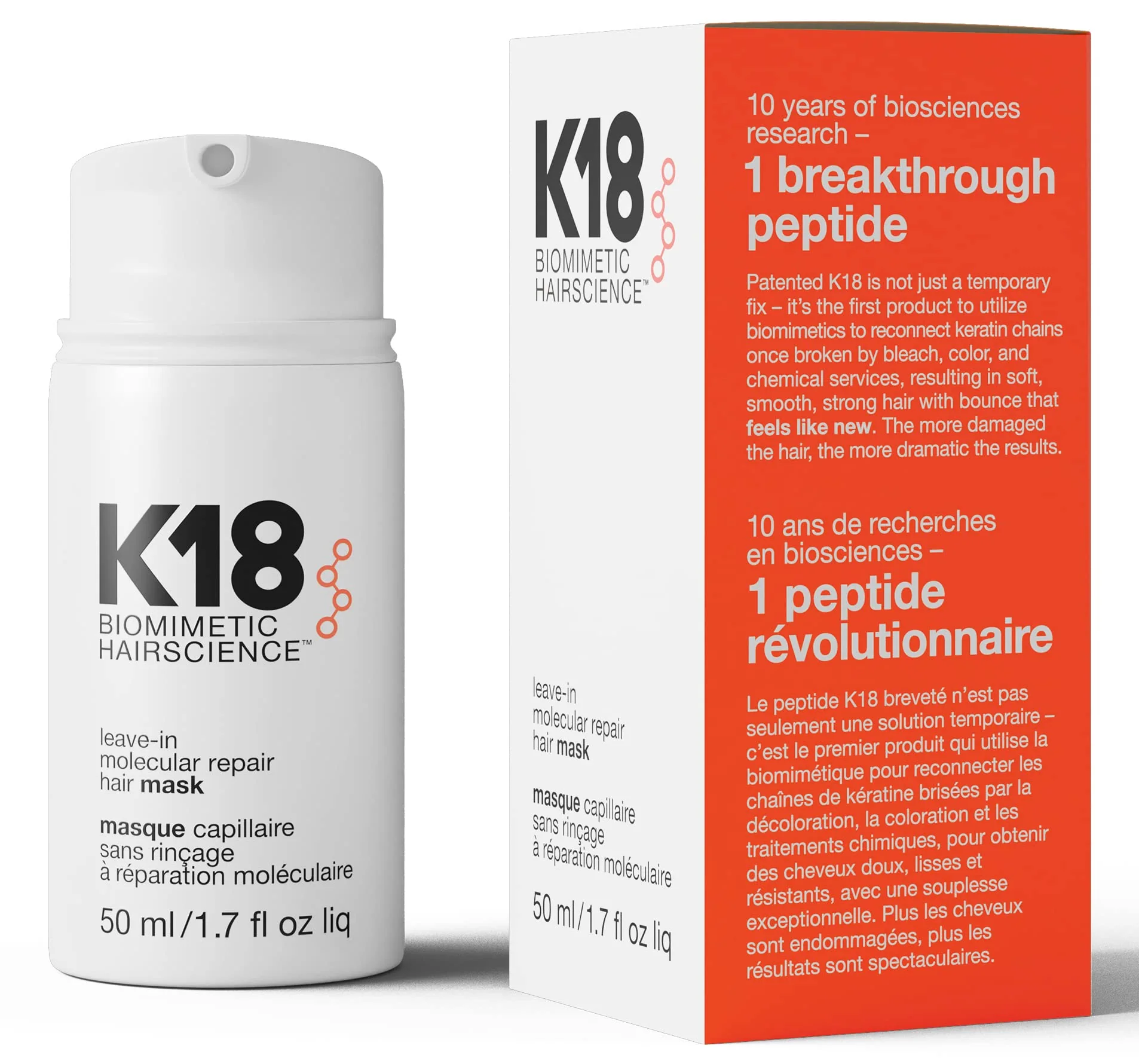K18 Leave-In Molecular Repair Hair Mask, Patented, Lasting Repair For Dry, Frizzy, Damaged Hair, Reverse Damage In 4 Minutes From Bleach, Color, Chemical Services + Heat