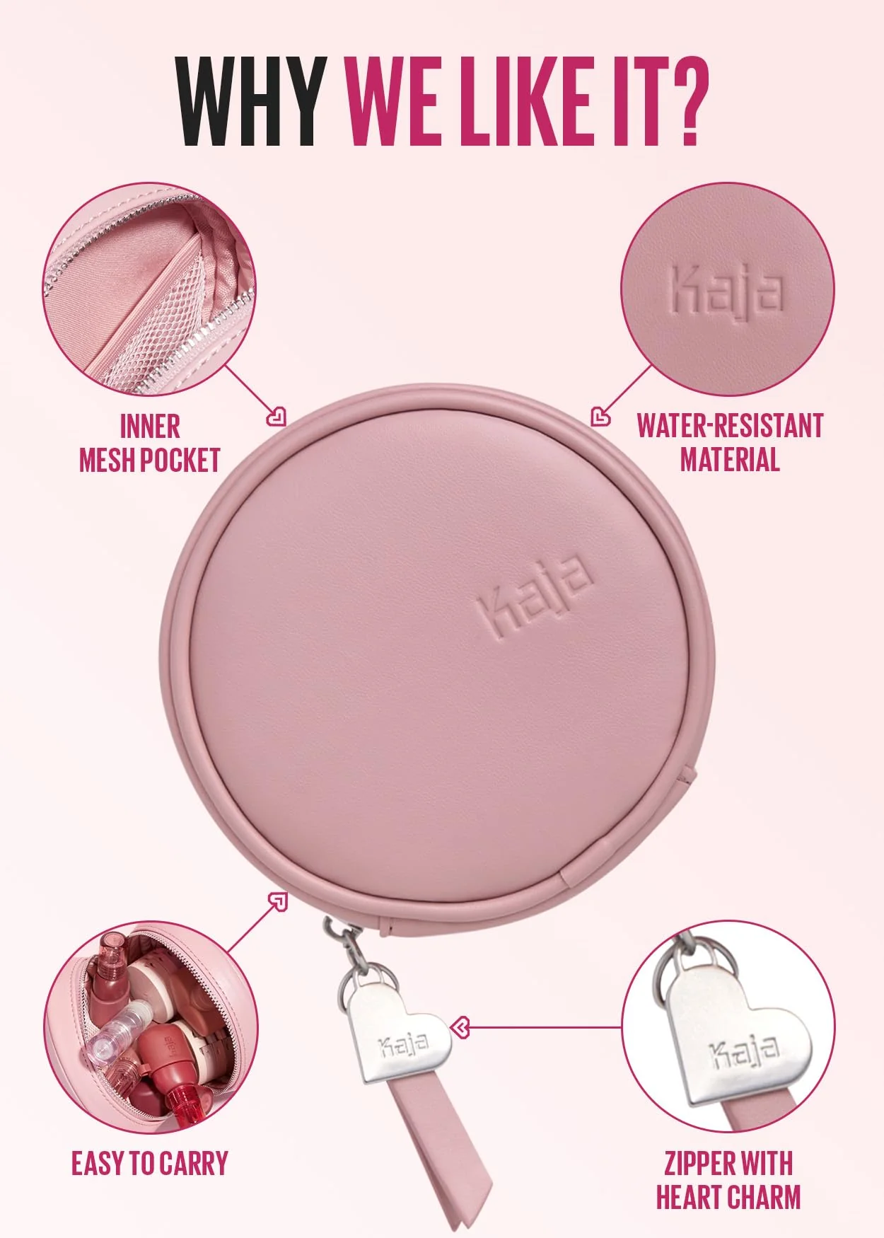 Kaja Makeup Pouch - Let's Go Bag | Multifunctional Makeup Round Bag for Women and Girls, Waterproof, Durable, Travel Friendly, Portable, Great Gifts Idea (Pink) - Image 5
