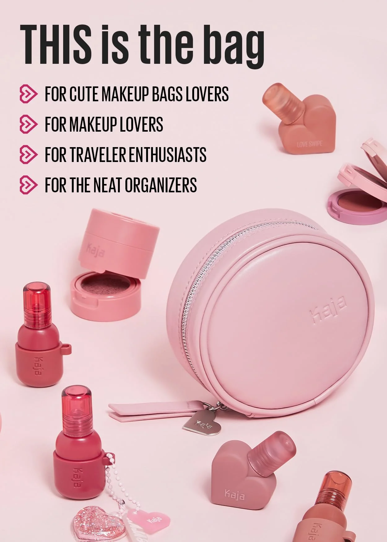 Kaja Makeup Pouch - Let's Go Bag | Multifunctional Makeup Round Bag for Women and Girls, Waterproof, Durable, Travel Friendly, Portable, Great Gifts Idea (Pink) - Image 6
