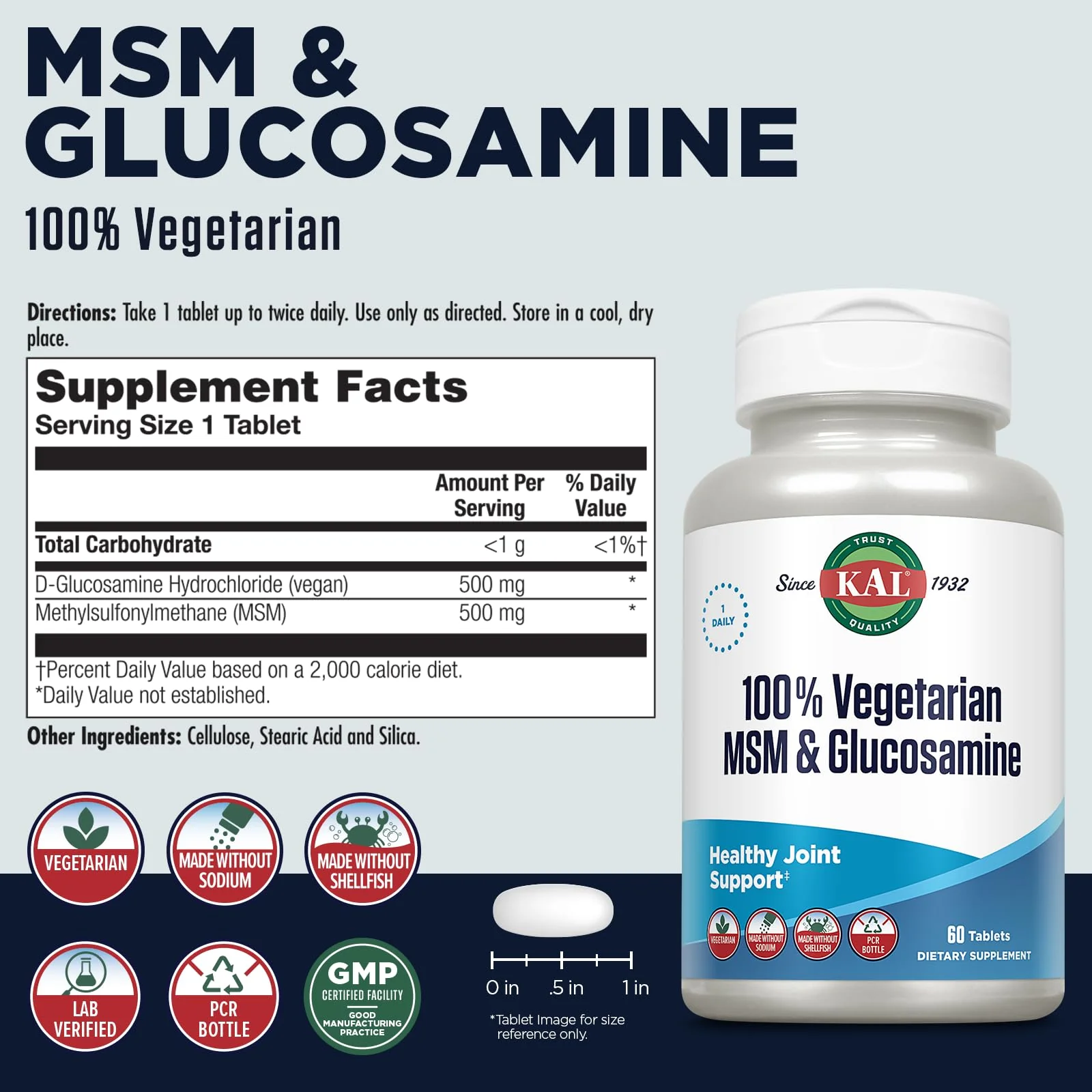 KAL 100% Vegetarian MSM & Glucosamine - Healthy Joint Support - Vegan Glucosamine and MSM Supplement - Made Without Shellfish - Lab Verified - 60-Day Guarantee - 60 Servings, 60 Tablets - Image 2