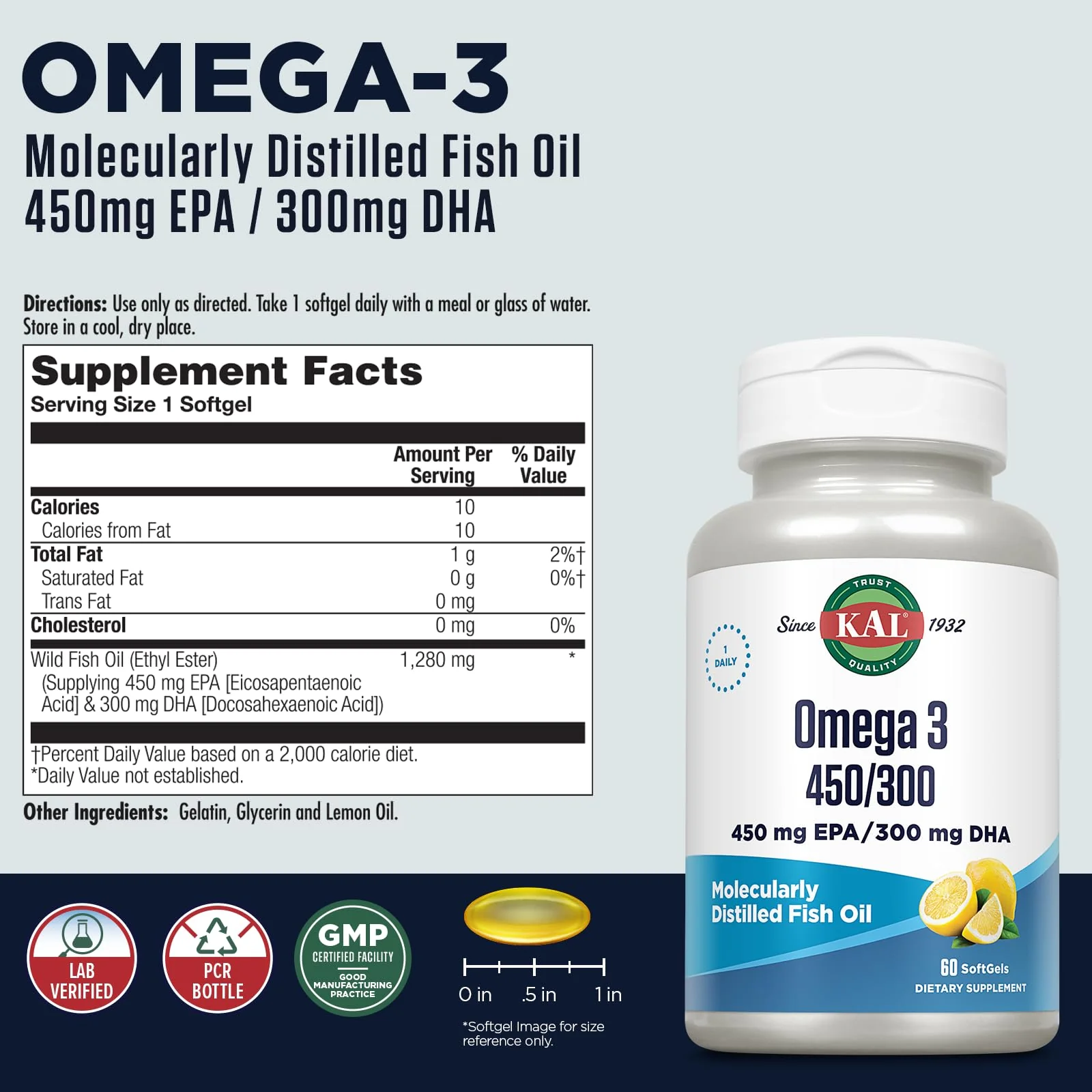 KAL 450/300 1280 Mg Omega 3, Lemon, 60 Count - Image 2