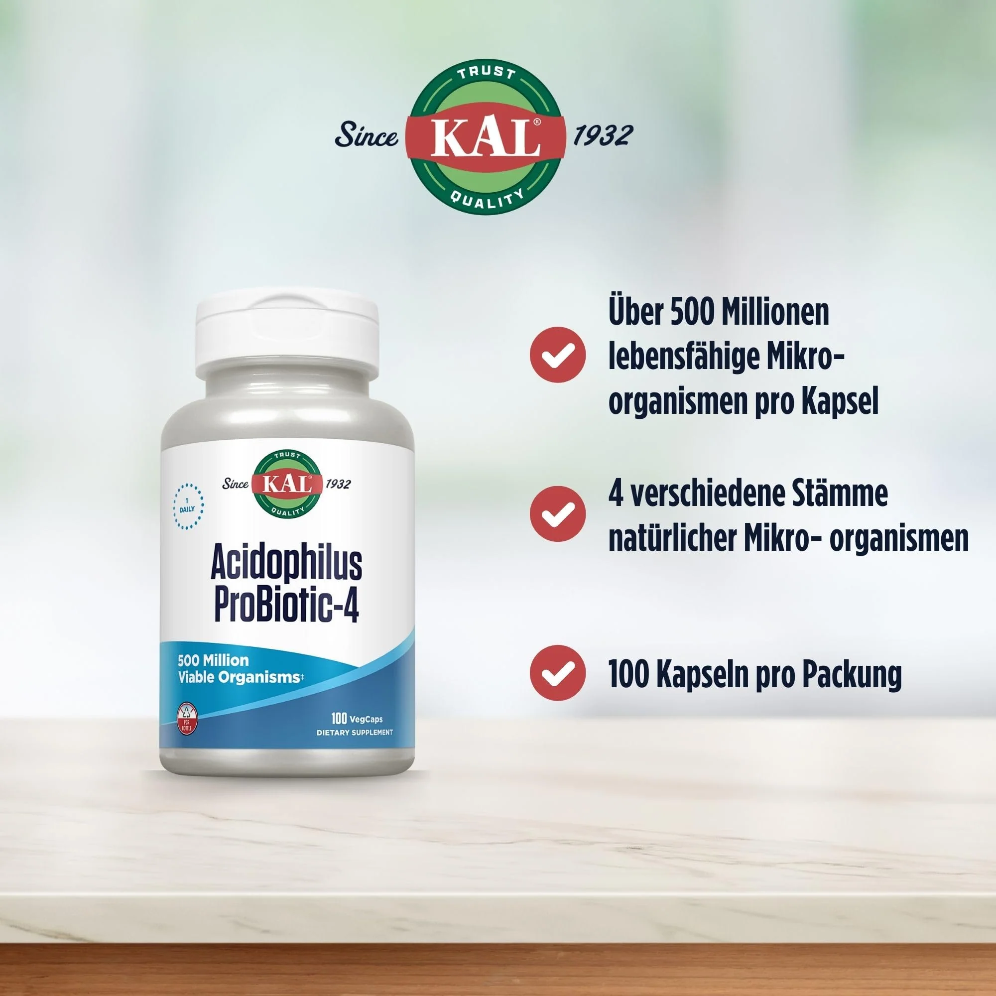 KAL Acidophilus ProBiotic-4, 500 Million CFUs, Four Probiotic Strains, Probiotics for Women and Men, Freeze Dried, L. acidophilus, L. bulgaricus, S. thermophilus, B. bifidum, 100 Servings, 100 VegCaps - Image 3